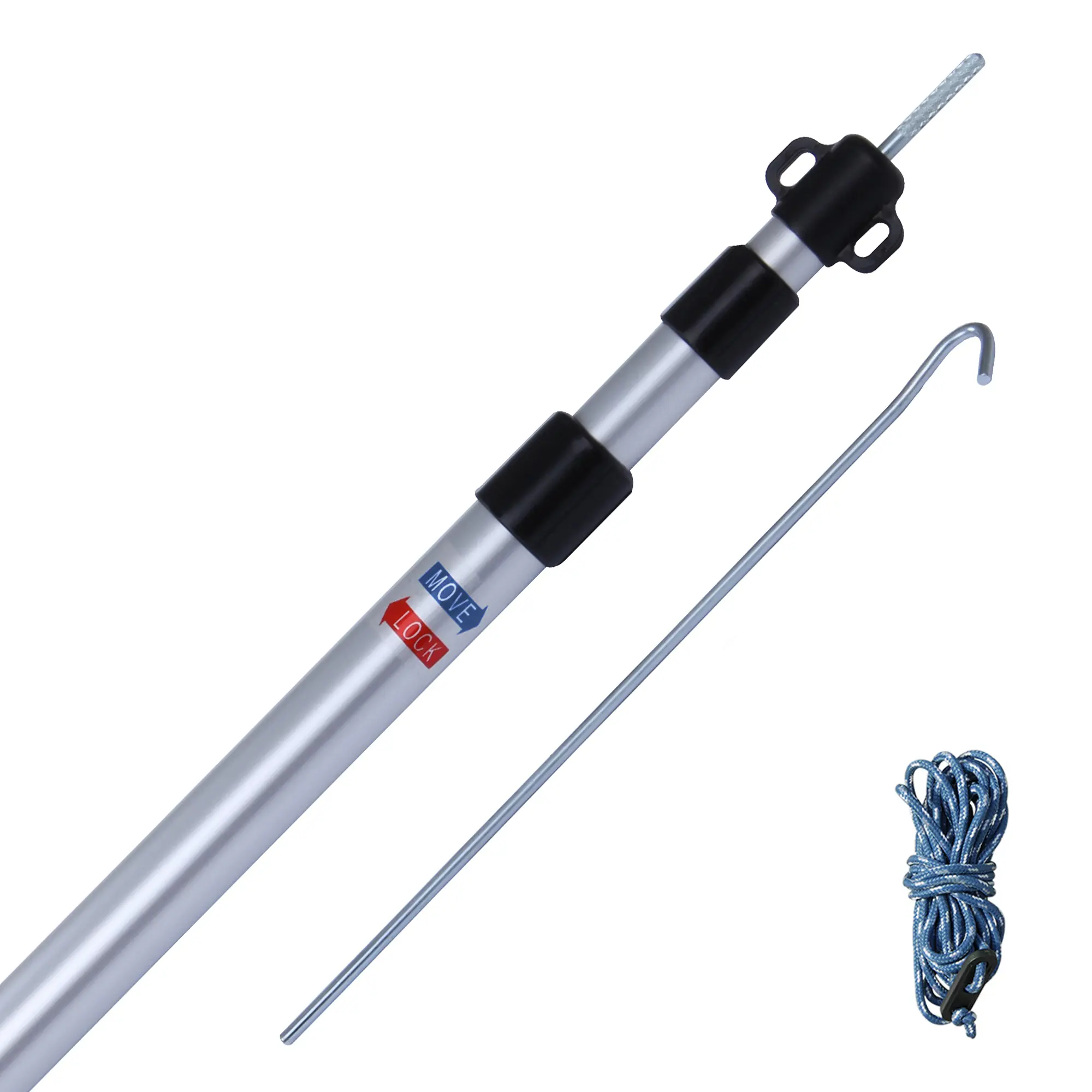 Set de 2 barras telescópicas yourGEAR de aluminio, ajustables de 90 a 230 cm, incluye cuerda tensora y piqueta de acero. Ideal para tiendas, toldos, lonas y tarps, con sistema de bloqueo giratorio.