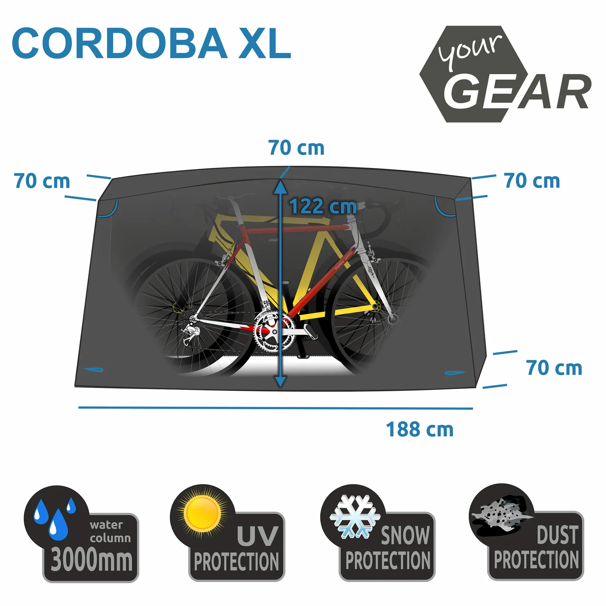 yourGEAR Cordoba XL waterproof bike cover for two bikes, shown with dimensions (188x122x70 cm), protects against water (3000mm), UV, snow, and dust; suitable for bike racks on towbars or caravans.