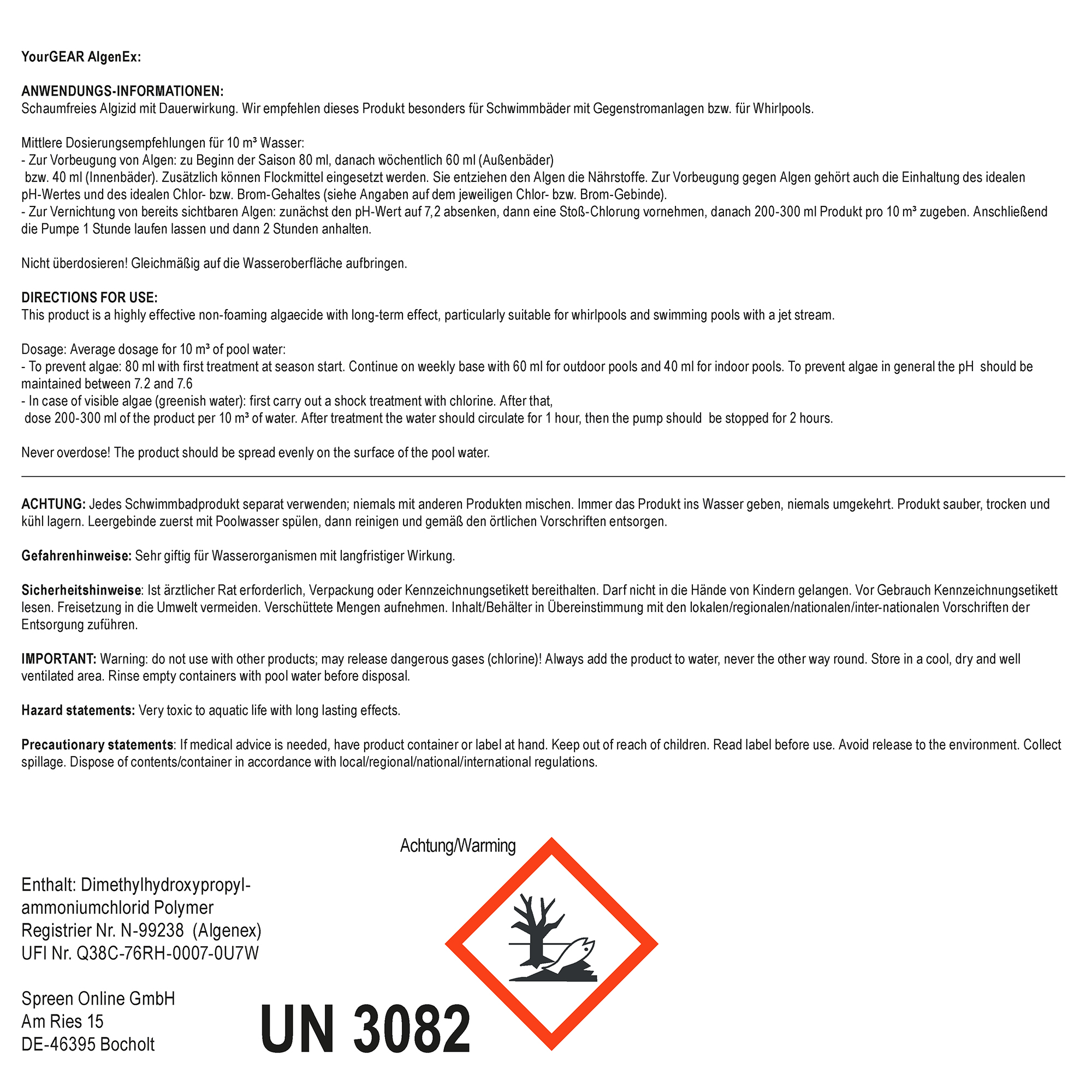 Etikett von yourGEAR 3 L AlgenEx Algenverhüter: Hinweise zur Dosierung, Anwendung und Sicherheit in Deutsch und Englisch, Gefahrensymbol für Umweltgefahr, Herstellerangaben und Inhaltsstoff Dimethylhydroxypropylammoniumchlorid Polymer.