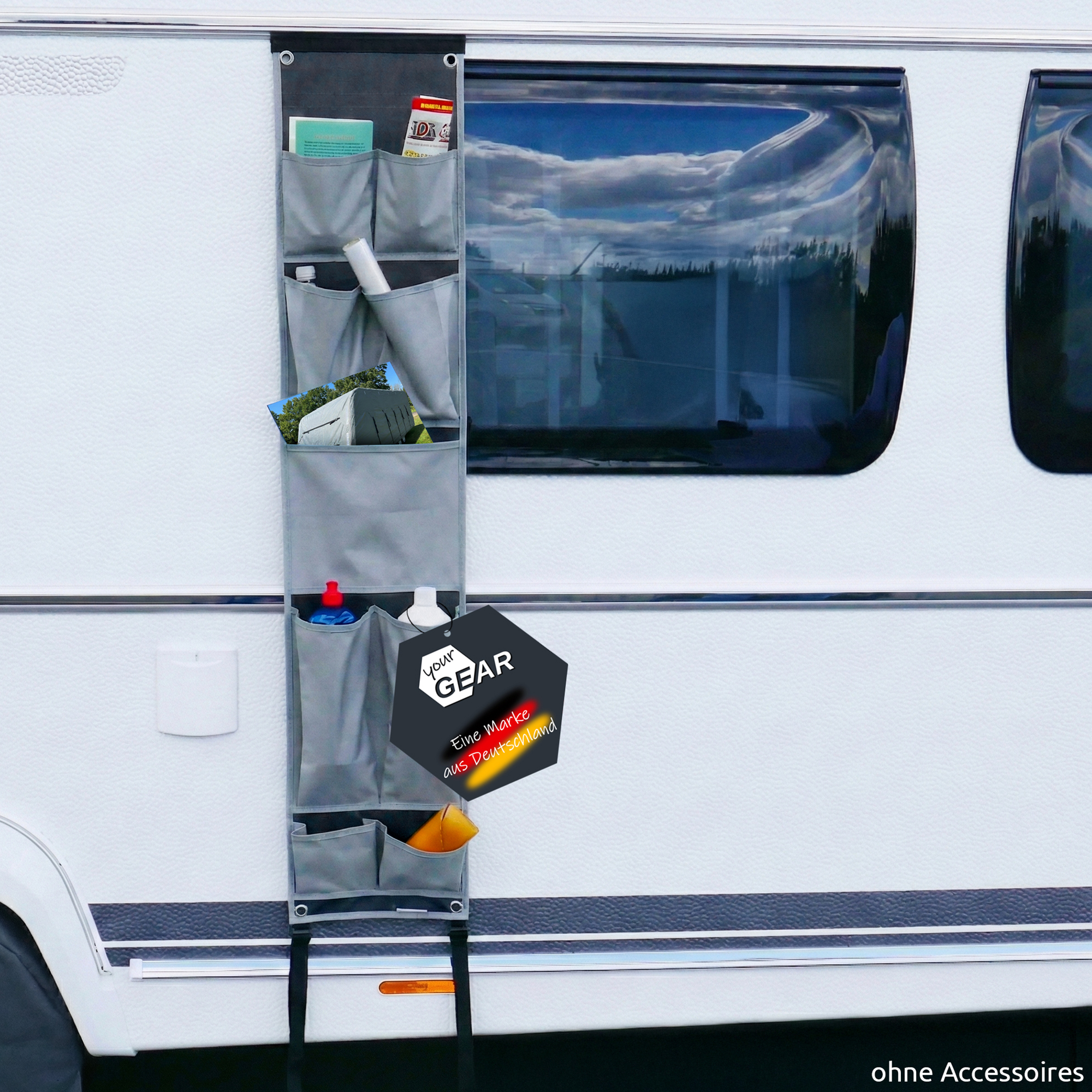 Organisateur your GEAR Caravan Pocket gris, 140 x 30 cm, avec 9 poches, suspendu à l'extérieur d'une caravane pour ranger divers objets. Idéal pour camping, tente ou auvent.