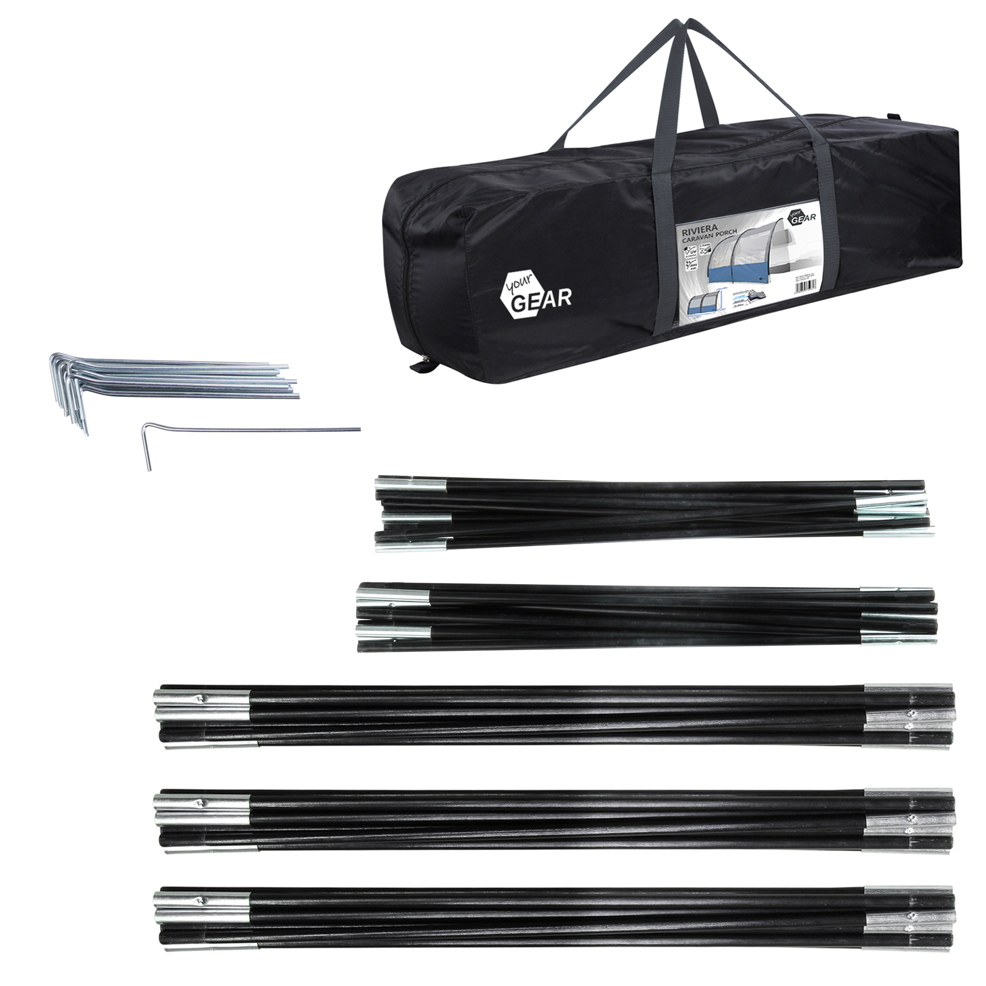 your GEAR Riviera 350 auvent pour caravane 3,5x2,6m, sac de transport noir, piquets métalliques et arceaux noirs démontés, protection solaire UV 50+, adapté camping-car, caravane, bus, montage facile.