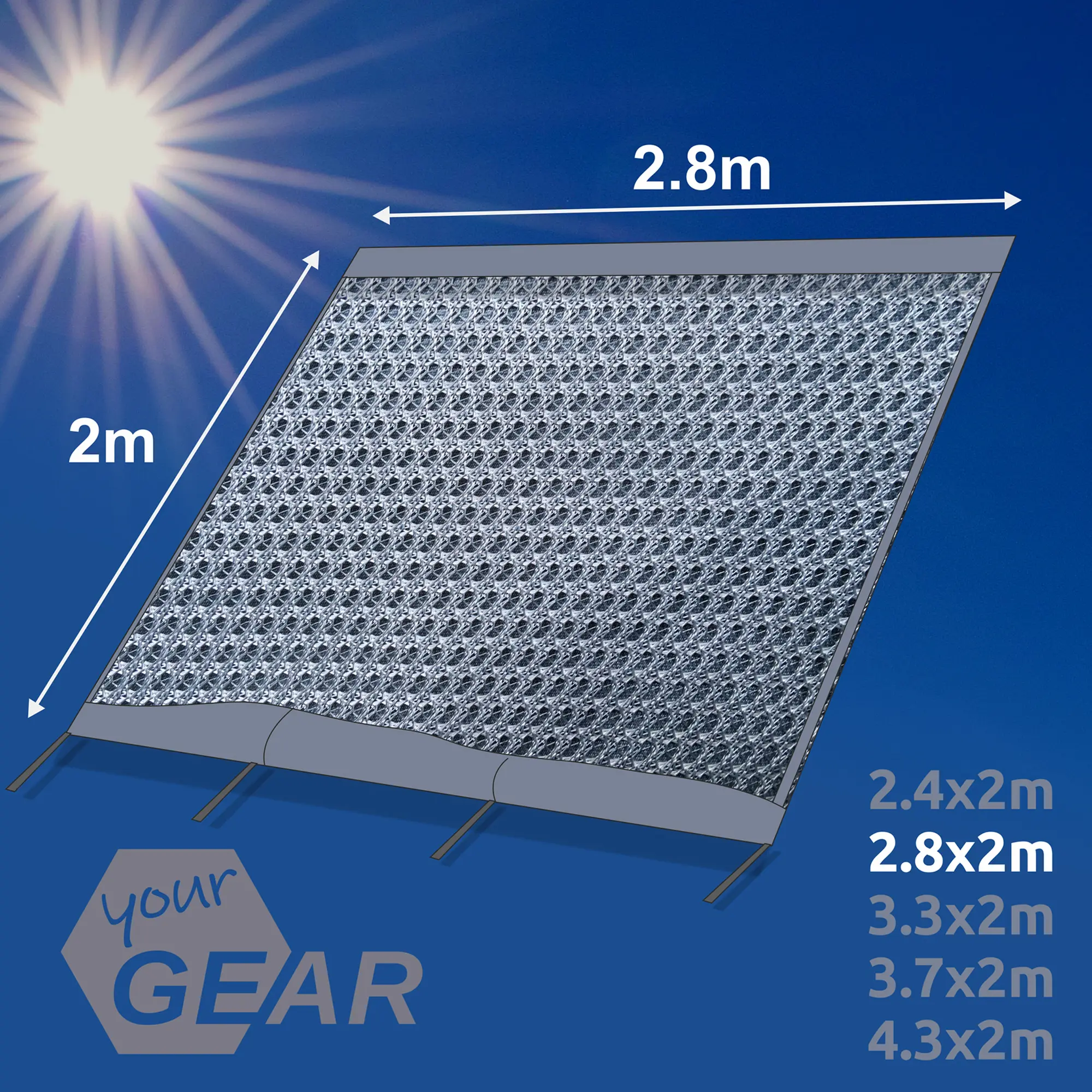 Vorderwand für Markise your GEAR Sun + Rain Blocker, 2,8 x 2 m, doppelwandig, lichtdurchlässiges Spezialgewebe, Schutz vor Sonne, Wind und Regen, mit Kederleiste, abgebildet vor blauem Himmel.