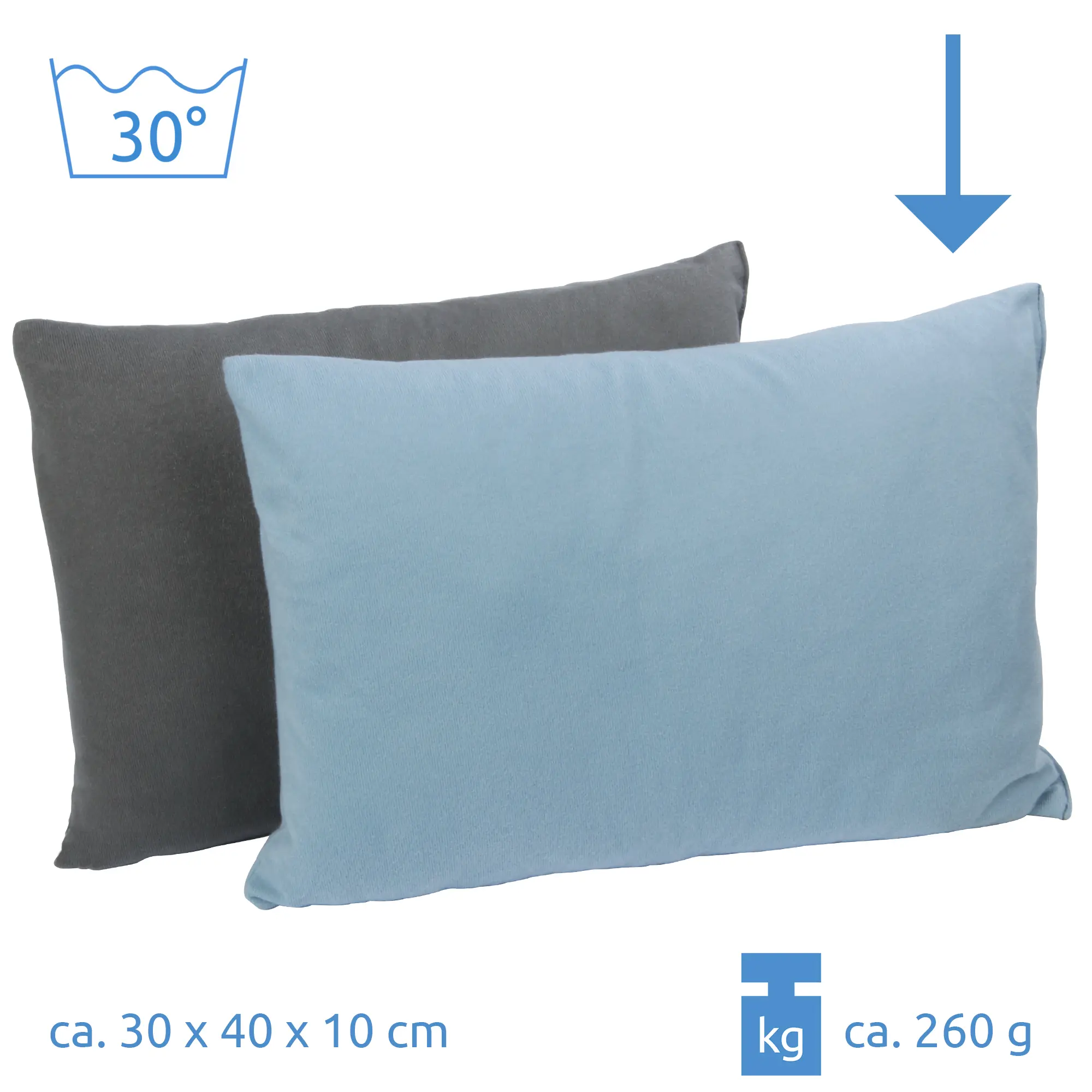 Deluxe travel pillow 40x30x10 cm in blue and grey, soft microfleece cover, lightweight (260g), washable at 30°C, ideal for camping and travel. Pillow dimensions and weight displayed in the image.