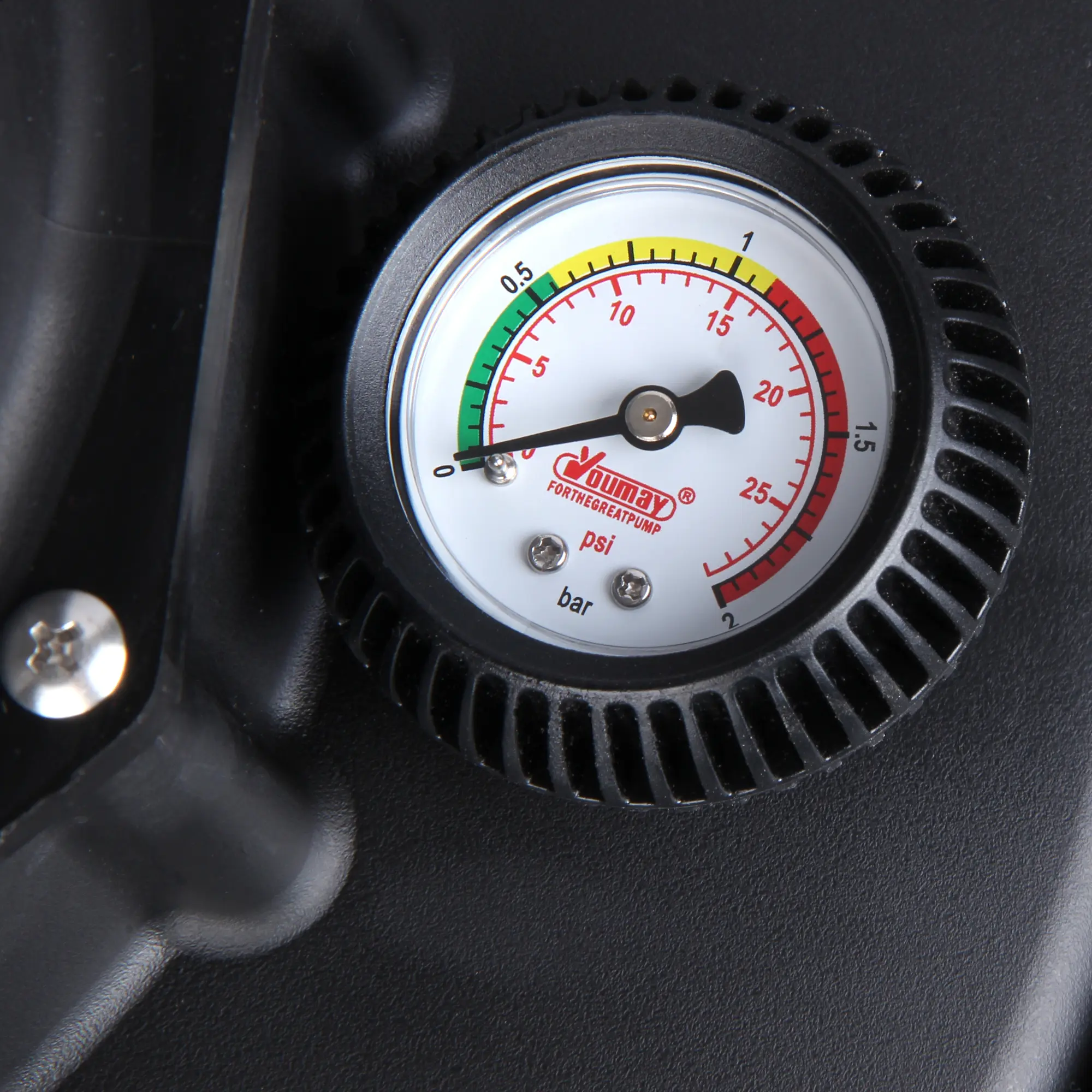 Manómetro redondo de la yourGEAR Sand-Filteranlage SFP 6813, con escala de presión en psi y bar, carcasa negra y zonas verde, amarilla y roja para indicar niveles de presión del filtro de piscina.