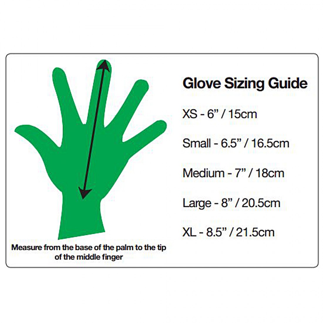 Glove sizing guide for Trekmates Harrison XS women’s Gore-Tex gloves, showing hand measurement from palm base to middle finger tip, with sizes XS to XL listed in inches and centimeters.