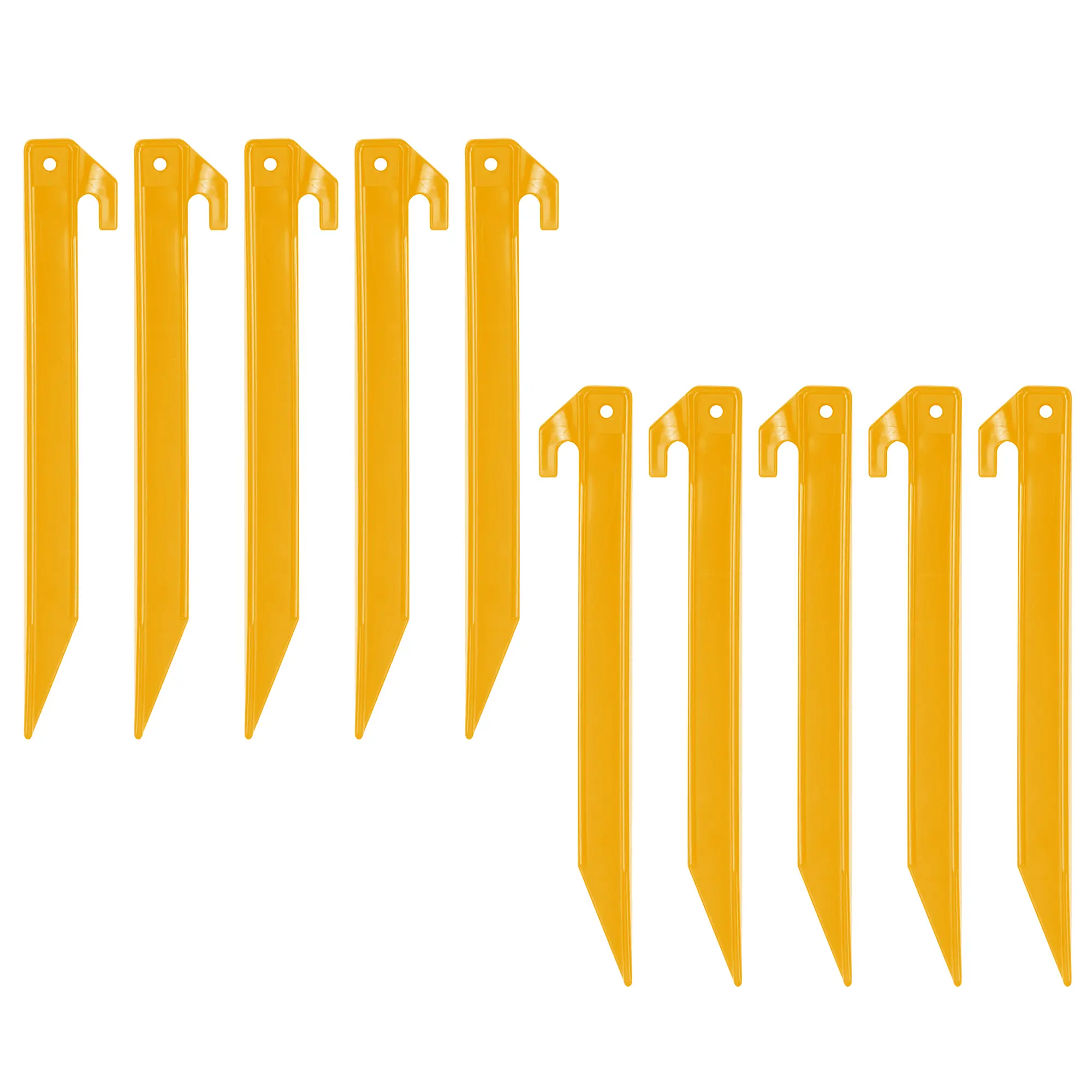 Set di 10 picchetti da campeggio 10T PEG IT TH-22ABS in plastica ABS gialla, profilo a T, lunghezza 200 mm, punta affilata e foro superiore per fissaggio tende, teli o gazebo.