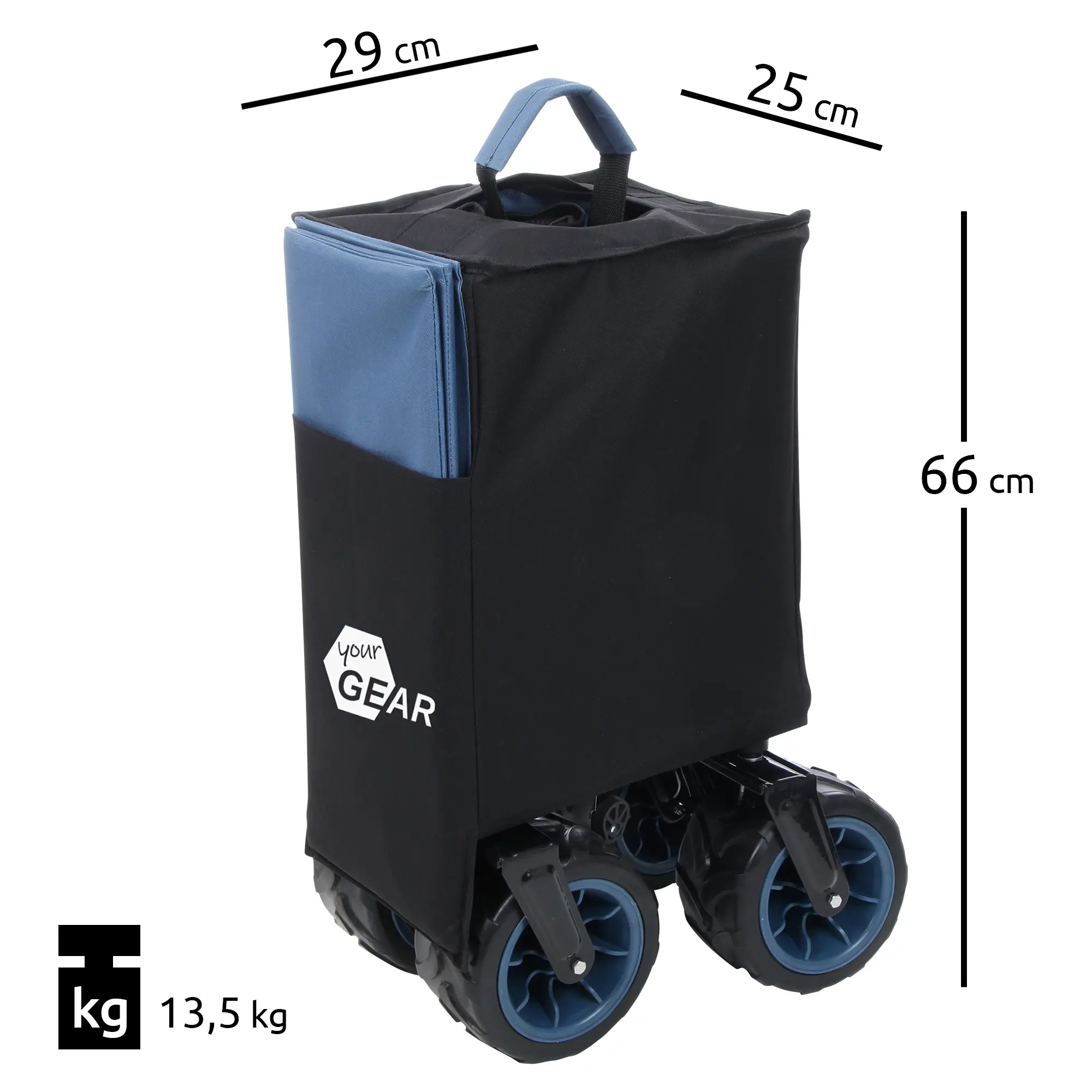 yourGEAR faltbarer Bollerwagen Trolley XXL, zusammengefaltet, schwarze und blaue Stoffhülle, 10 cm breite Gummireifen, Maße 66x29x25 cm, Tragegriff, Gewicht 13,5 kg, kompaktes Packmaß.
