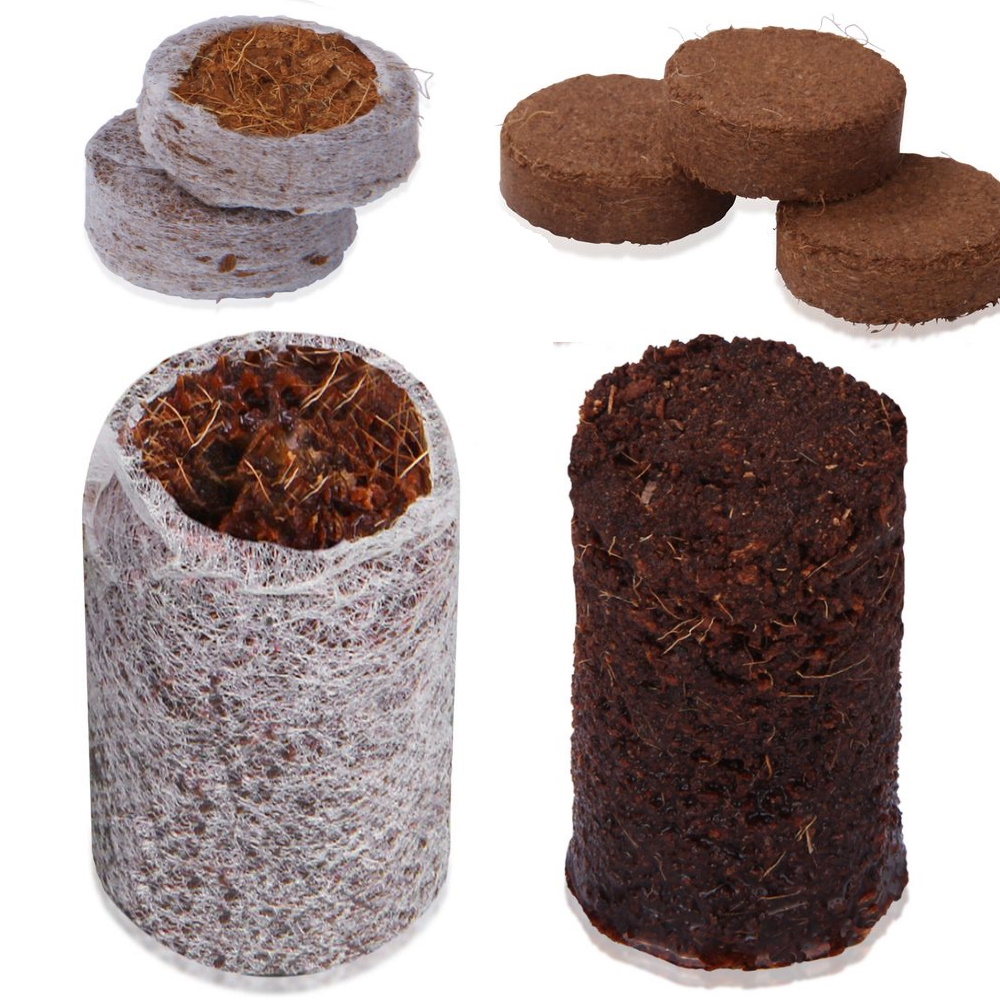 Pastillas de coco yourGEAR de 3 cm para siembra, con y sin funda de fibra, mostradas en estado seco y expandido. Tierra de coco sin turba, ideal para germinación y cultivo sostenible de plantas.