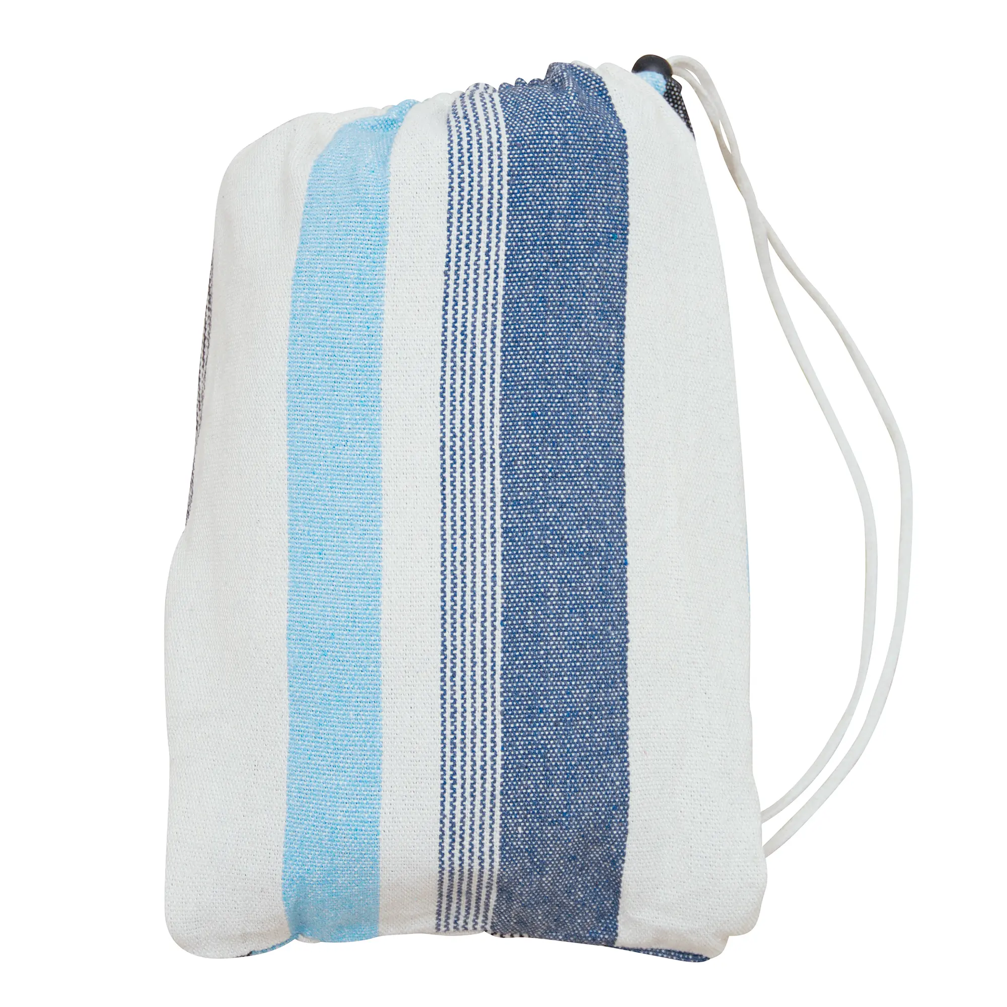Sac de transport pour hamac yourGEAR Cebu Aqua, en coton à rayures bleues et blanches, avec cordon de serrage. Pratique pour ranger et transporter la grande hamac 220 x 160 cm, capacité 300 kg.