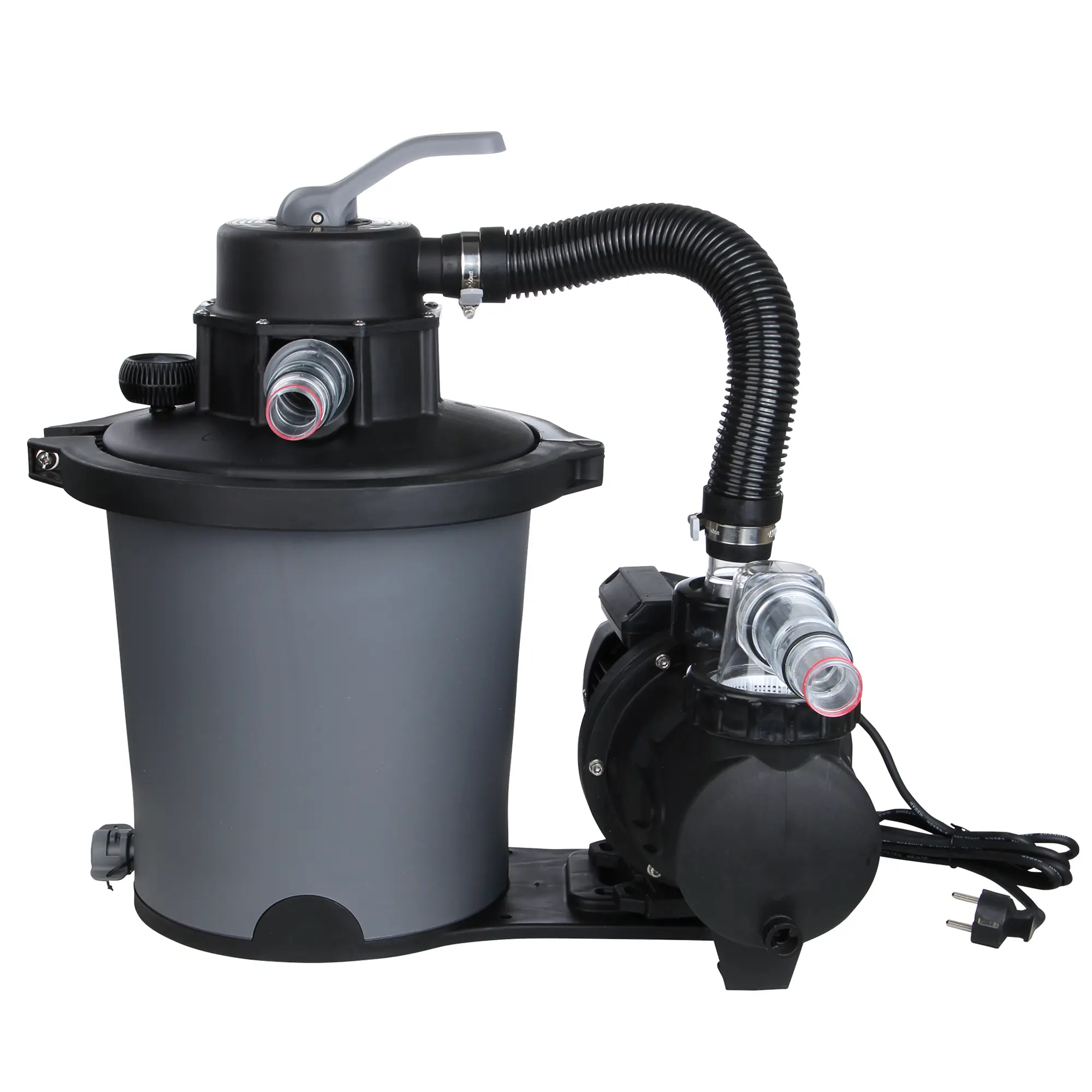 Filtro de arena yourGEAR SFP 6813 L/h con bomba de piscina de 7 m³/h, depósito gris, manguera flexible, válvula de 6 vías y enchufe eléctrico, ideal para piscinas hasta 30 m³.