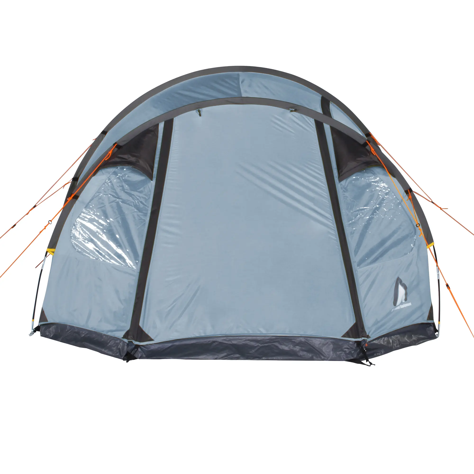 Blau-graues 10T Mandiga Arona Tunnelzelt für 5 Personen, mit zwei Fenstern, abgedichtetem Boden und orangefarbenen Abspannleinen, wasserdicht und mit Stehhöhe, ideal als Familienzelt beim Camping.