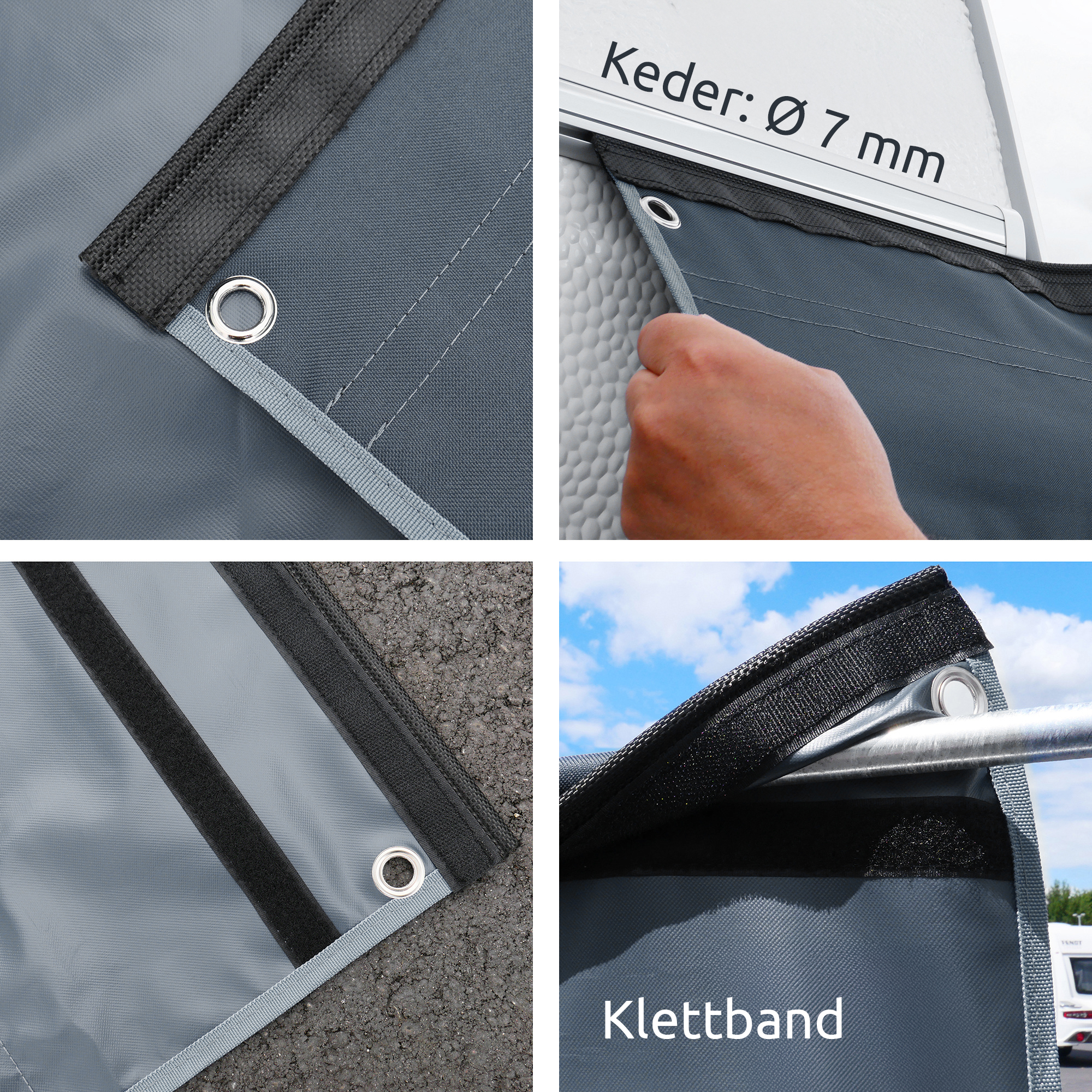 your GEAR Caravan Organizer Pocket, étagère suspendue 140x30 cm avec 9 poches, fixation par œillets, bande velcro et jonc 7 mm pour rail de caravane, tissu gris résistant, idéal pour camping et rangement.