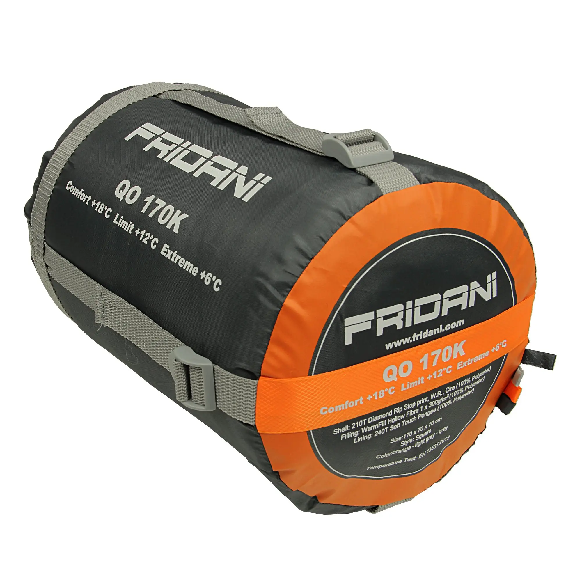 Sacco a pelo arrotolato Fridani QO 170K, nero e arancione, con specifiche di temperatura stampate sulla custodia e cinghie di compressione grigie.