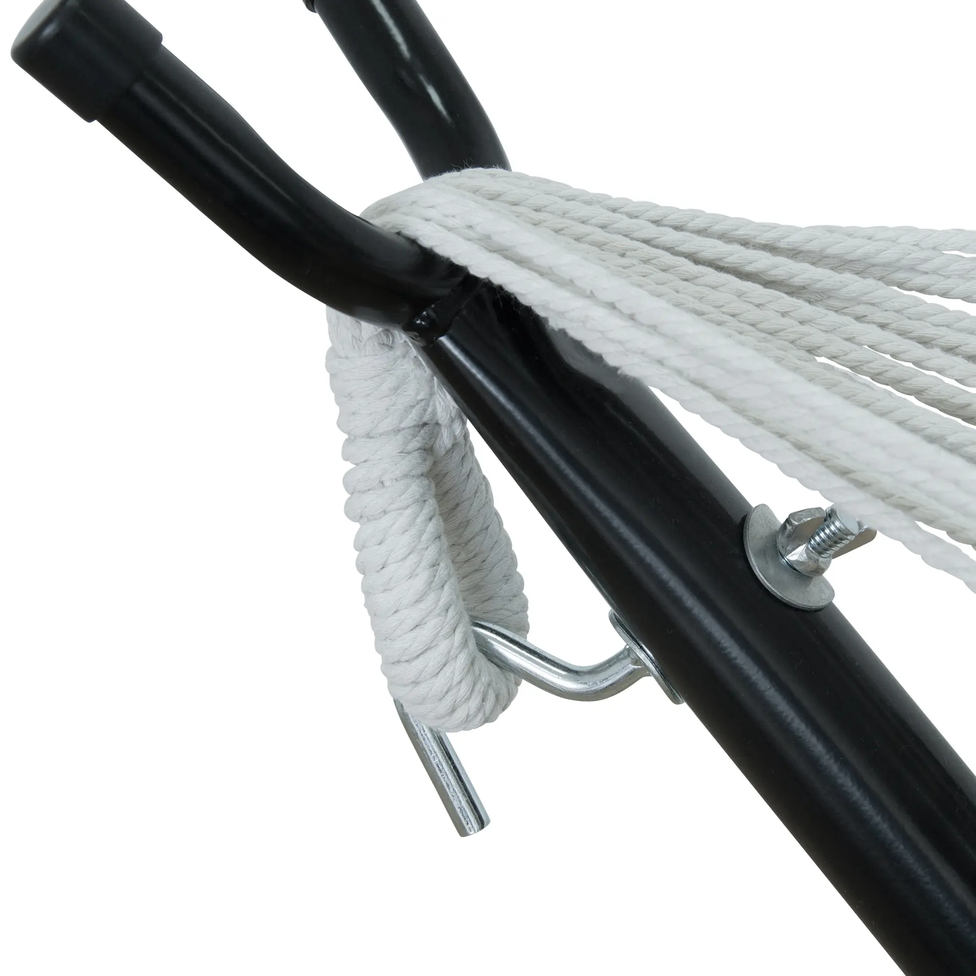 Close-up of yourGEAR hammock stand, showing a robust black metal frame with white rope attachment and secure metal fixtures, designed for hammocks 260-350 cm, loadable up to 350 kg, weatherproof and rust-resistant.
