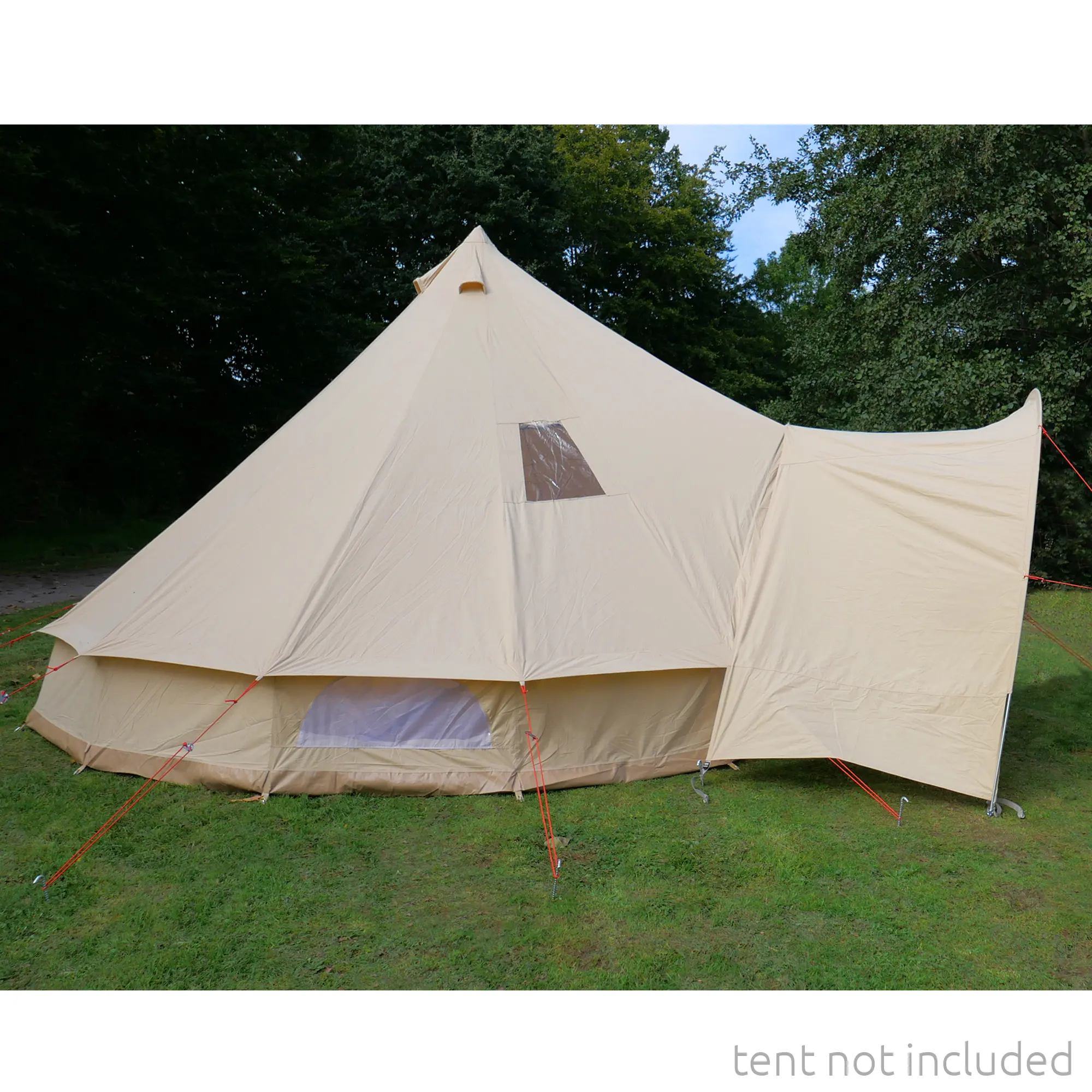 Universal your GEAR Canopy Porch Desert Pro 8/10 awning, beige TC cotton-polyester fabric, 300x140x195 cm, with 11mm aluminum frame, shown attached to a tent (tent not included), for sun and rain protection.
