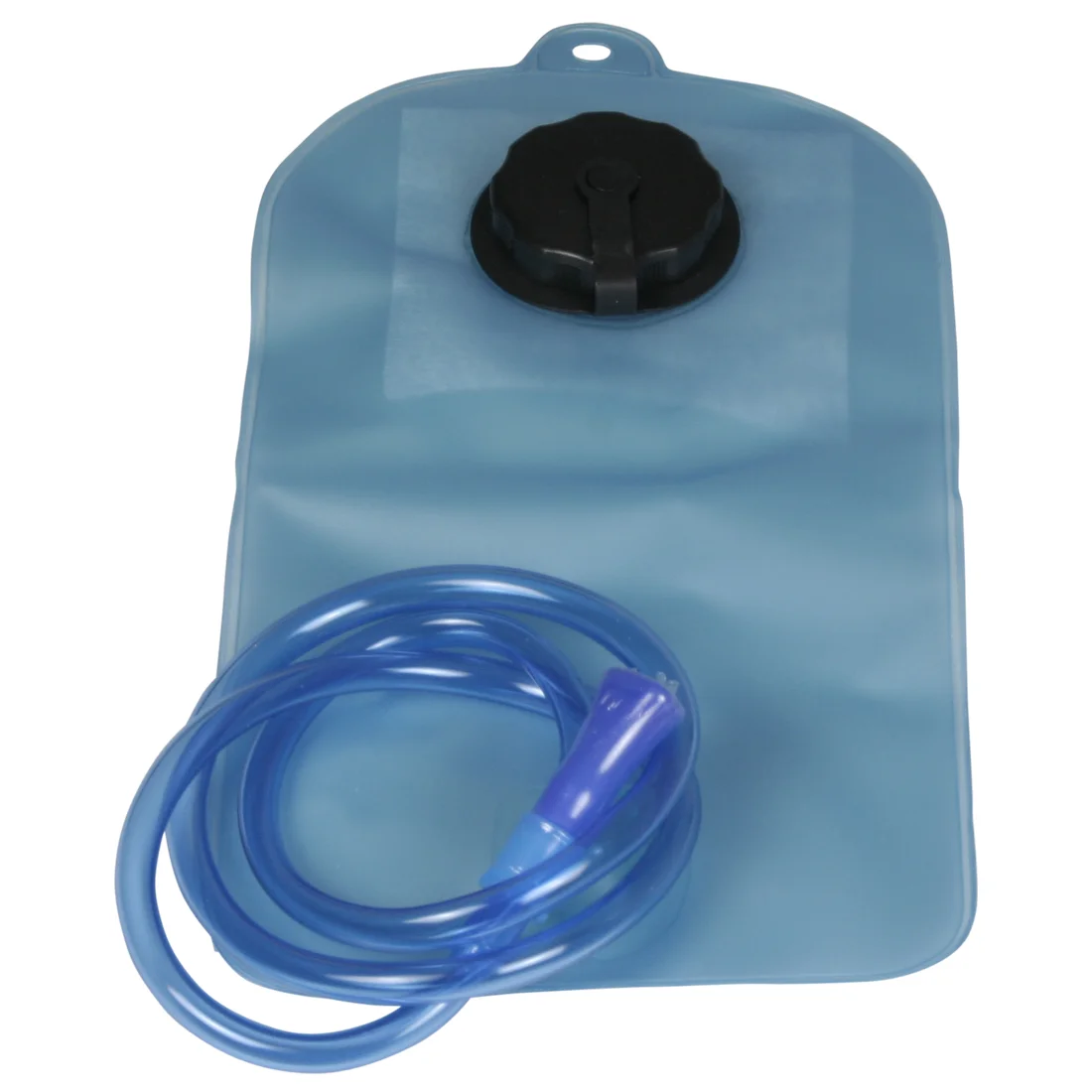 Blue 1.5L hydration bladder with screw cap and flexible drinking tube, designed for backpacks and outdoor activities like hiking or trekking. Durable plastic, wide opening for easy filling and cleaning.