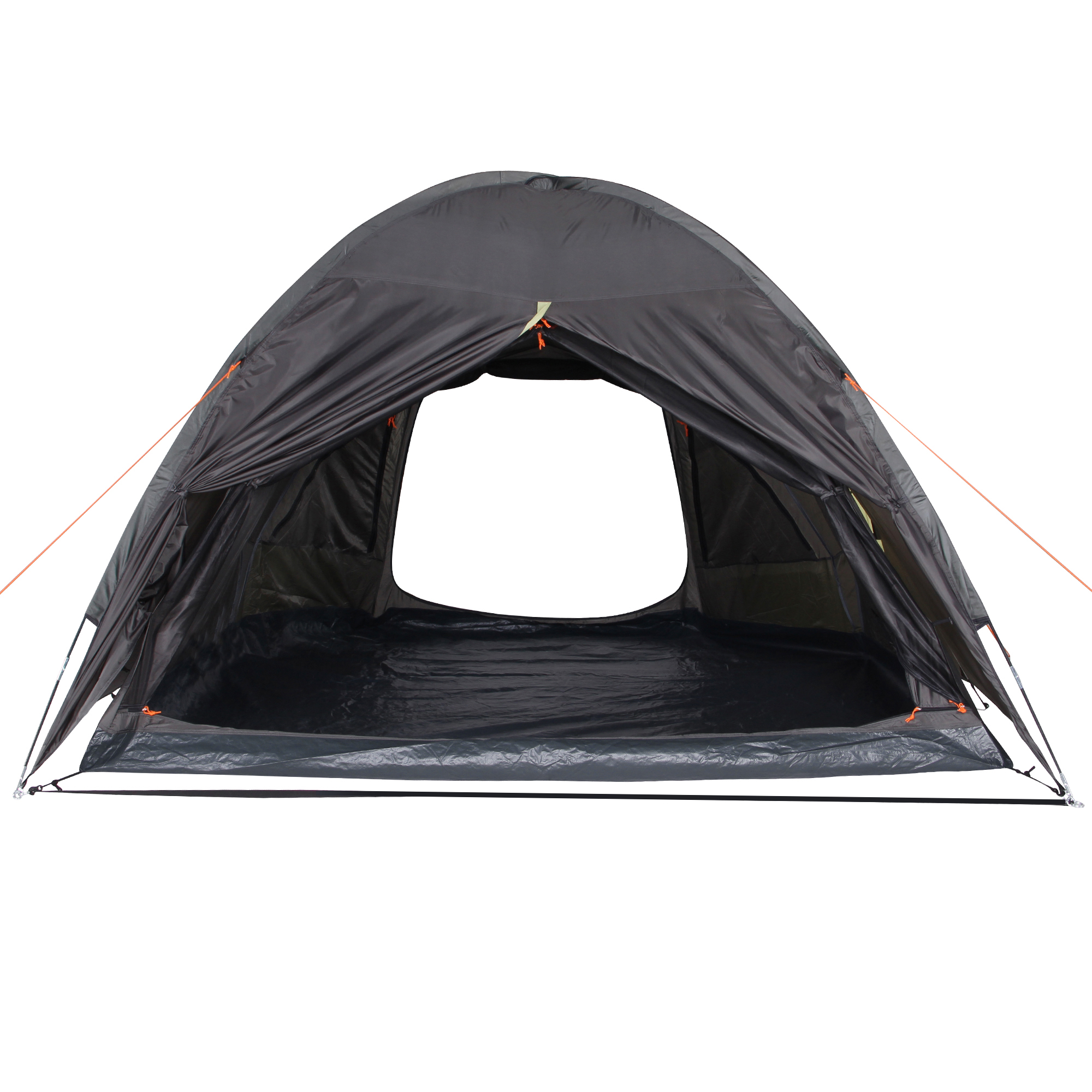 10T Glenhill Beechnut 4 Mann Kuppelzelt in Grün/Grau, großes wasserdichtes Familienzelt mit XXL-Schlafkabine, blickdichten Fenstern und Insektenschutz, aufgespannt und offen von vorne fotografiert.
