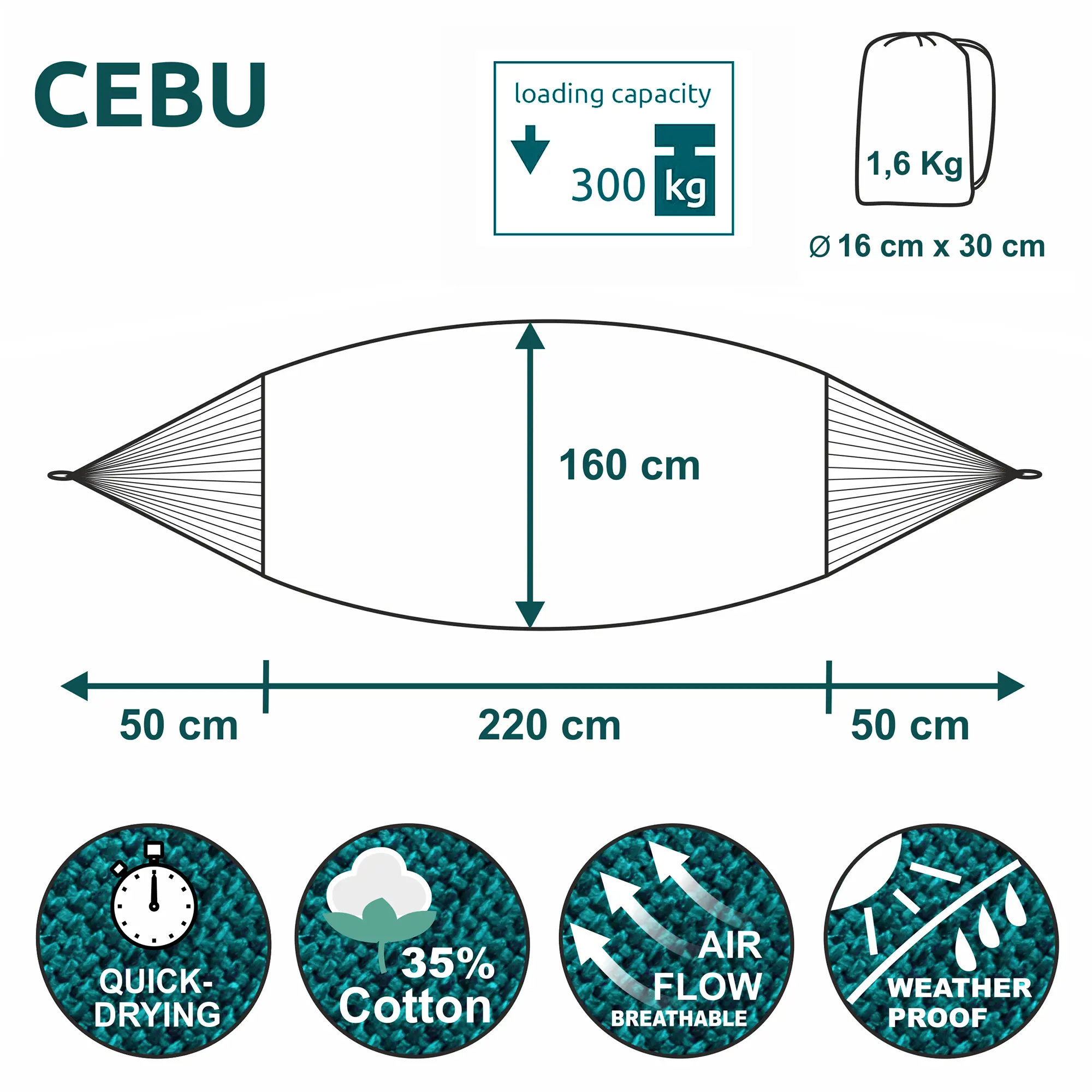 Hamac yourGEAR Cebu Smaragd XXL, 220 x 160 cm, coton 35 %, charge max. 300 kg, 1,6 kg, séchage rapide, respirant, résistant aux intempéries, livré avec sac de transport, coloris vert émeraude.