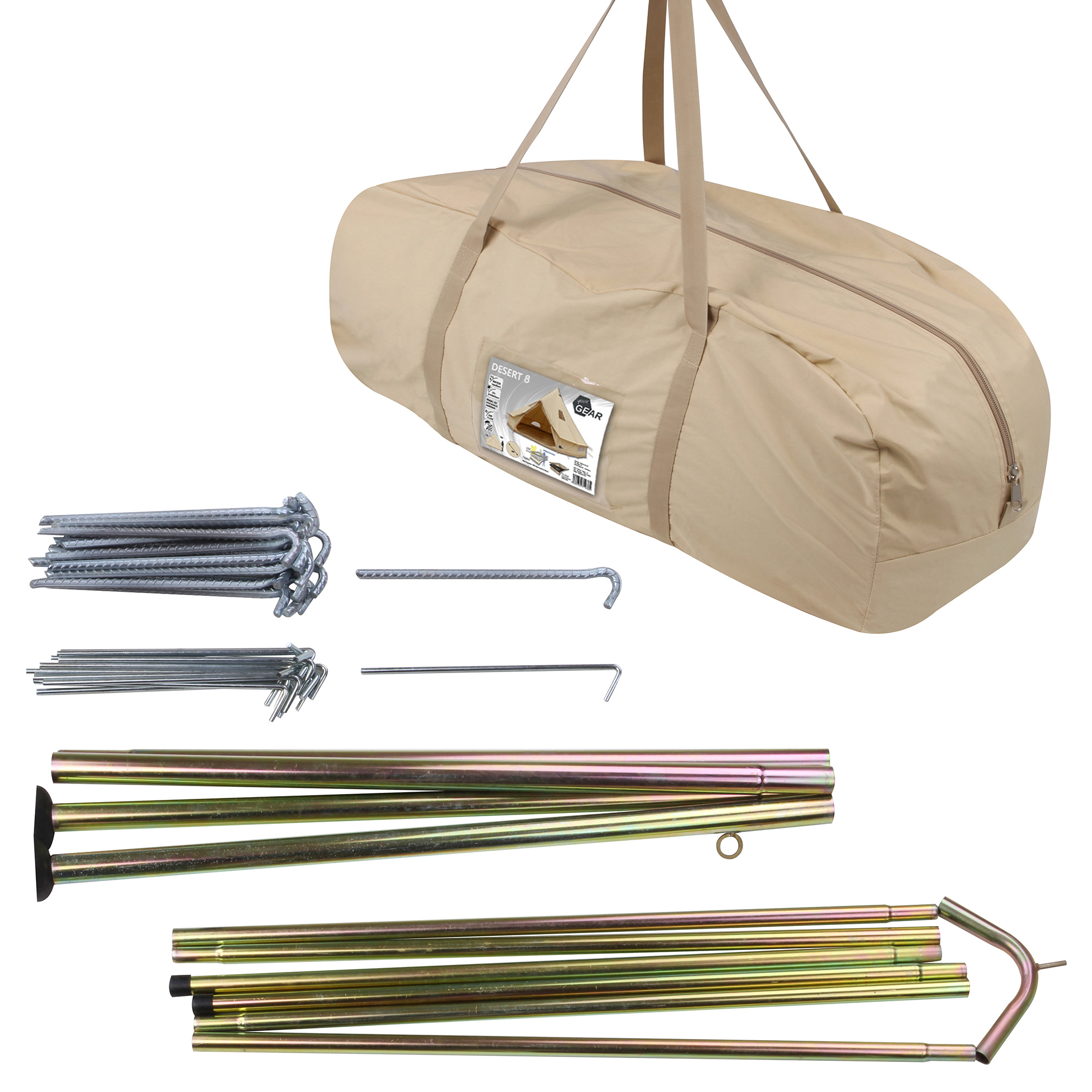 your GEAR Desert 8 Pro UV50+ cotton tipi tent set with beige carry bag, metal tent poles, and steel pegs; suitable for 4–8 people, family camping, includes fixed groundsheet and insect protection.