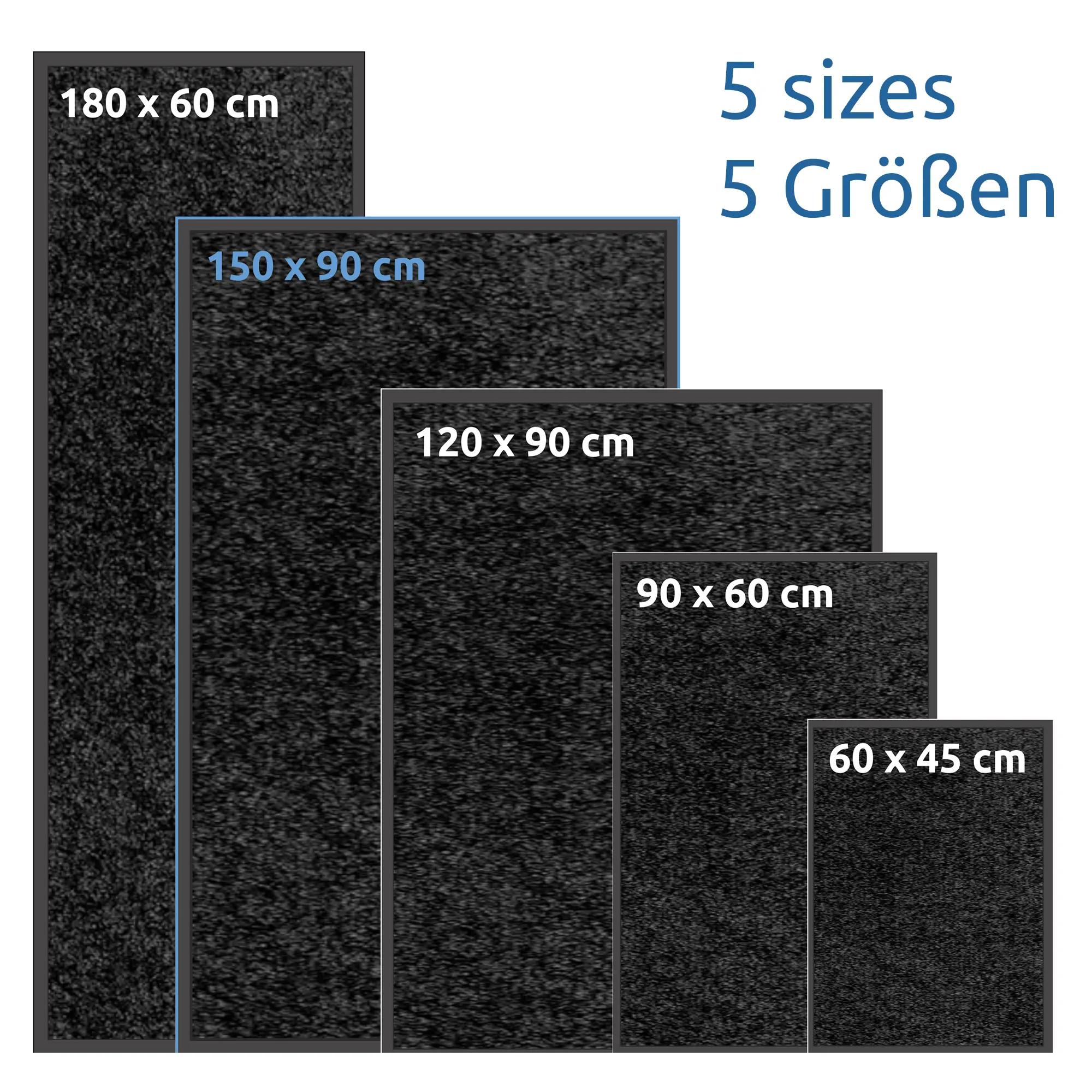 Tapis d’entrée yourGEAR anti-dérapant, lavable, effet velours, couleur anthracite, 150x90cm, présenté avec 5 tailles différentes pour usage intérieur et extérieur, résistant et facile à nettoyer.