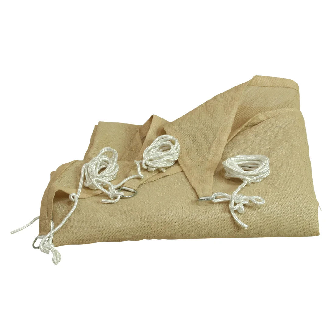 Beige 10T Emerson triangular sun sail tarp, 3.6m per side, weather-resistant, breathable fabric, includes white guy ropes and metal rings, ideal for UV protection in garden, terrace, balcony, or camping.