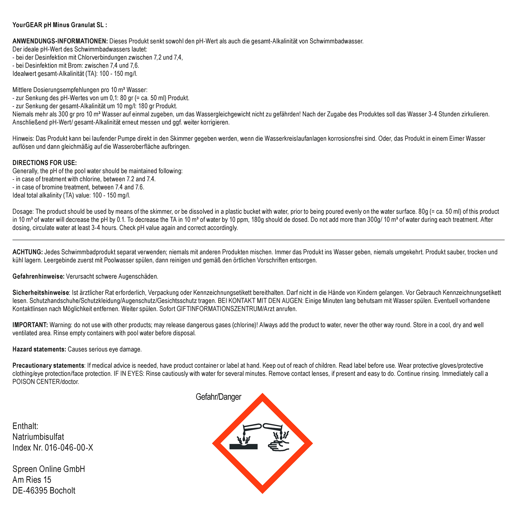 yourGEAR 7 kg pH Minus Granulat SL container with detailed safety and usage instructions, hazard symbol, and product data for fast-dissolving pool pH reducer. White label with black text, red warning diamond, and manufacturer info.