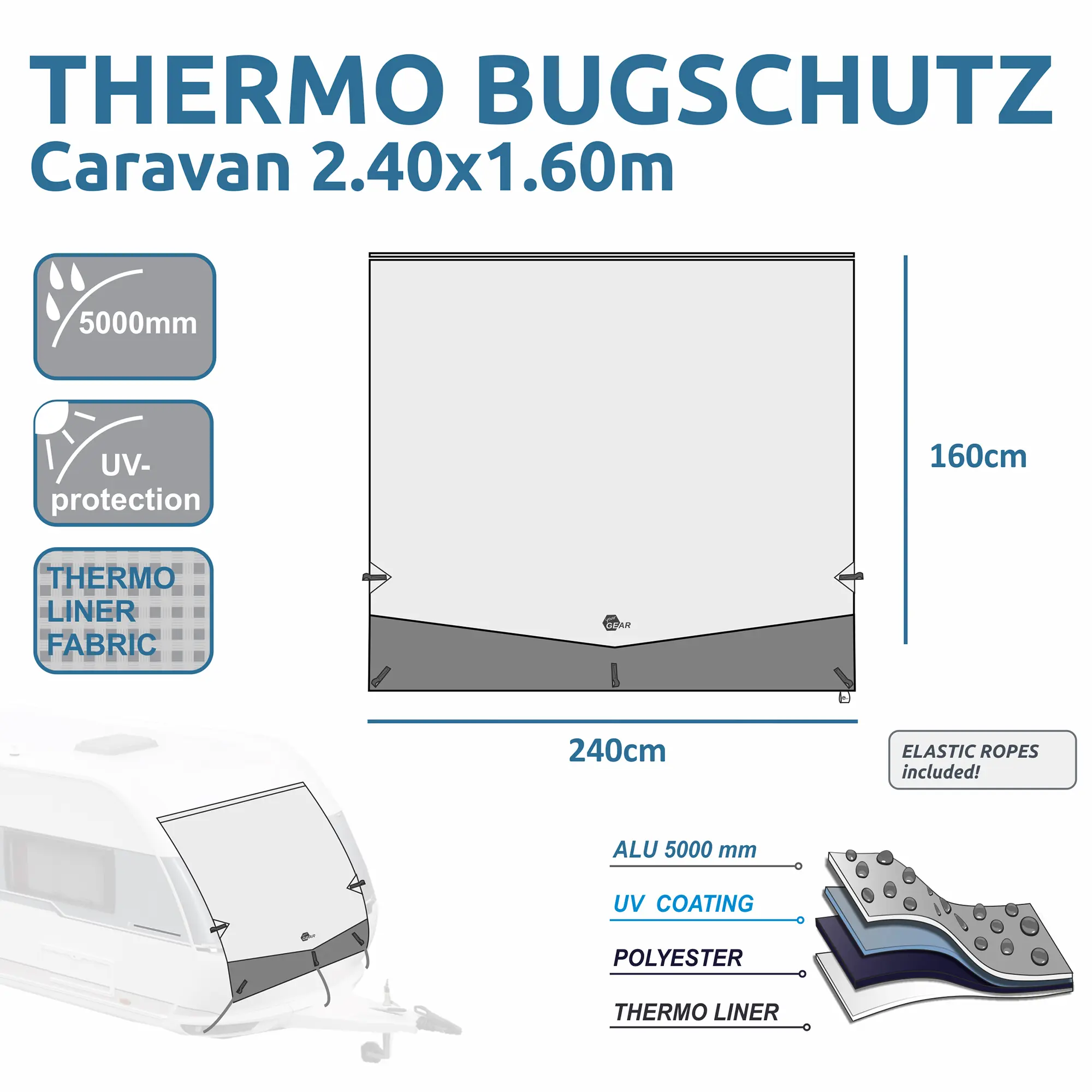 Caravana bugschutzplane your GEAR 240x160 cm, mit Aluminiumbeschichtung, UV-Schutz, wasserdicht bis 5000mm, Thermo-Innenfutter, elastische Seile inklusive, ideal für Front und Heck von Wohnwagen.