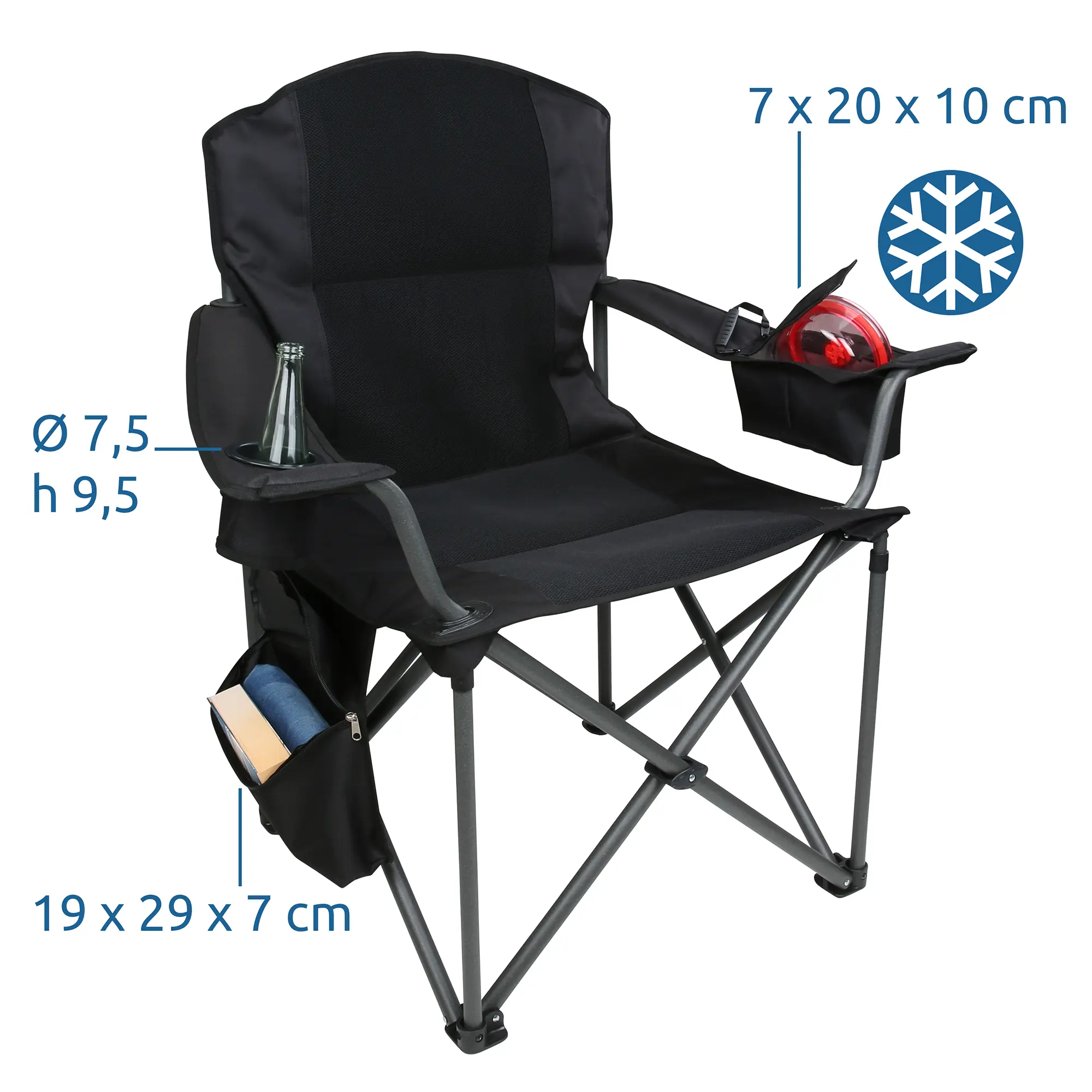 Campingstuhl your GEAR Fano aus schwarzem 3D-Mesh, mit stabilem Metallrahmen, Getränkehalter, integrierter Kühltasche im rechten Armlehnenbereich und Organizer-Tasche an der Seite, Maße und Details eingeblendet.