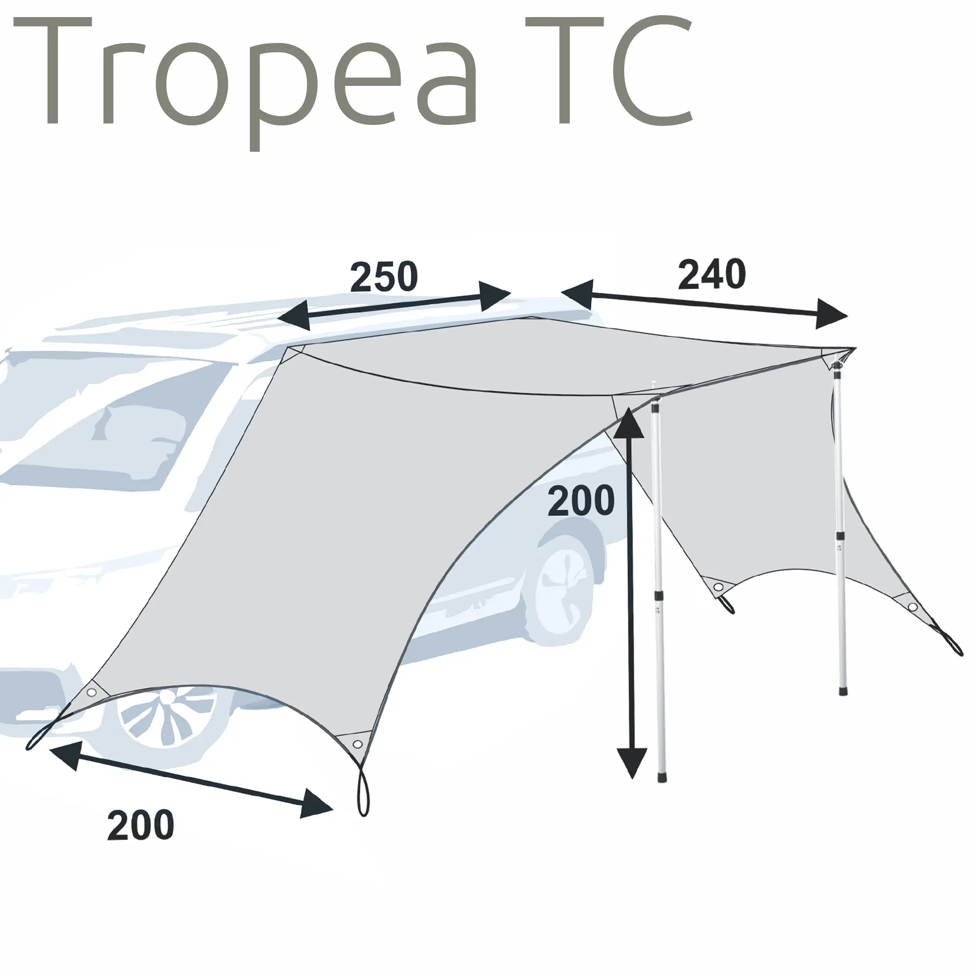Auvent your GEAR Tropea TC pour van, en toile coton, avec deux parois latérales, poteaux télescopiques en aluminium, protection UV 50+, dimensions 250x240x200 cm indiqué sur le schéma, montage sur véhicule.