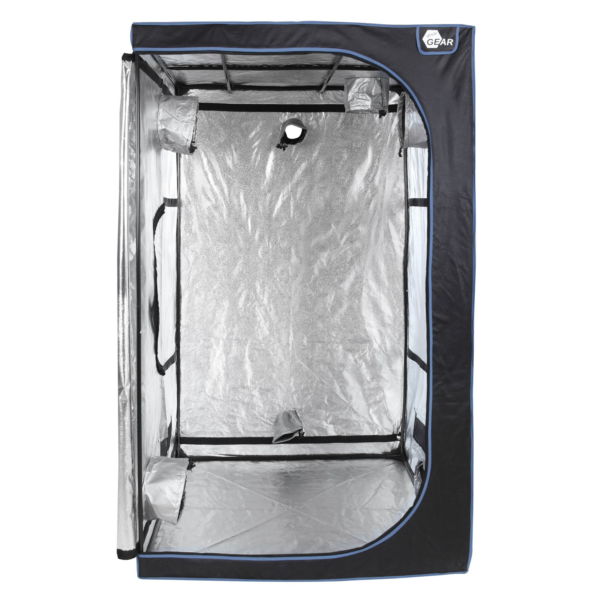 Growzelt yourGEAR Plantsville 120x120x200 cm, rechteckiges Indoor Zuchtzelt mit reflektierender Innenbeschichtung, Belüftungsöffnungen, robustem Gestänge und schwarzer Außenhülle, ideal für Pflanzenanzucht.