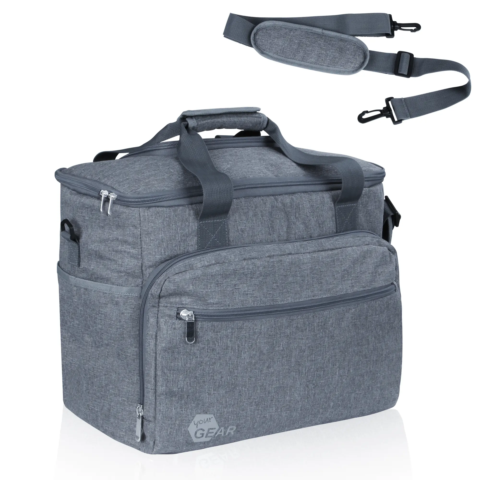 Large grey your GEAR foldable cooler bag, 30L capacity, with front zip pocket, side pocket, sturdy handles, and detachable padded shoulder strap, suitable for picnics, groceries, and insulated food transport.