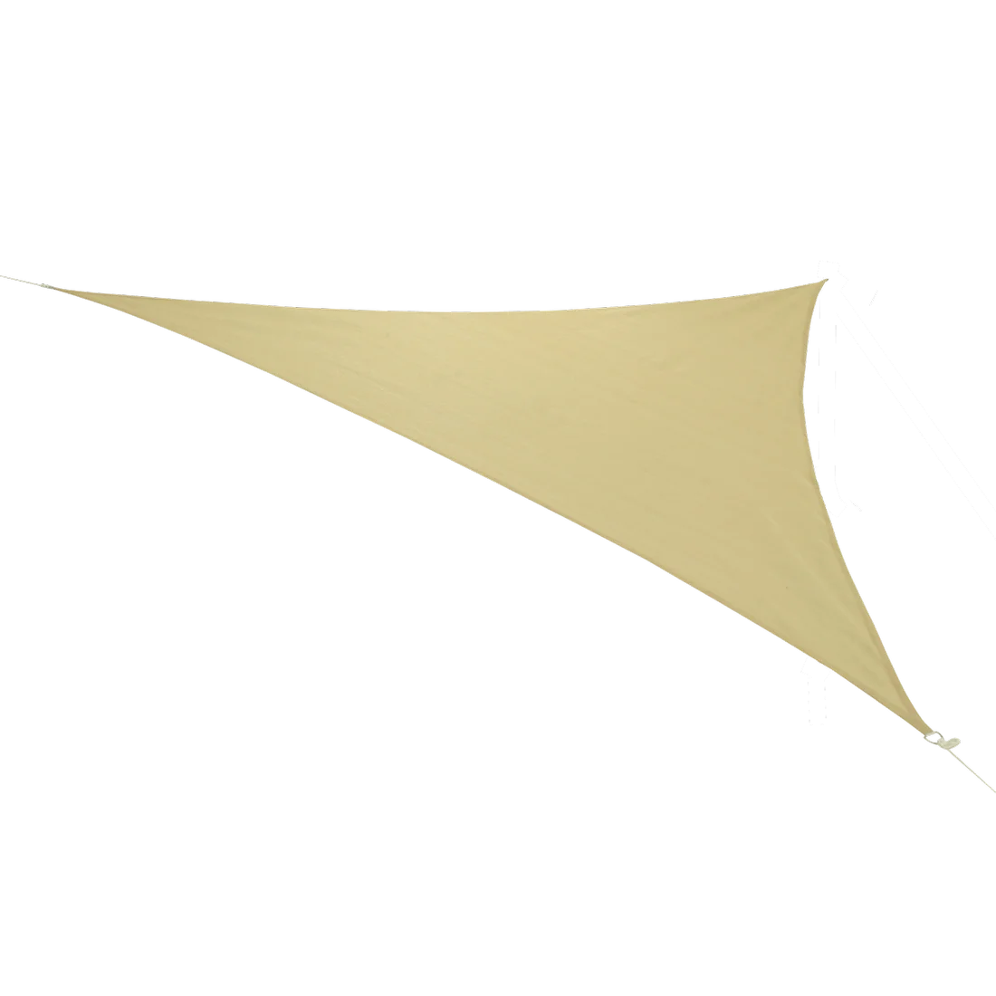 Toldo triangular beige 10T Emerson de 5 m por lado, resistente al clima, transpirable, con 90% protección UV, ideal para jardín, terraza o camping. Incluye cuerdas de sujeción y bolsa de transporte.