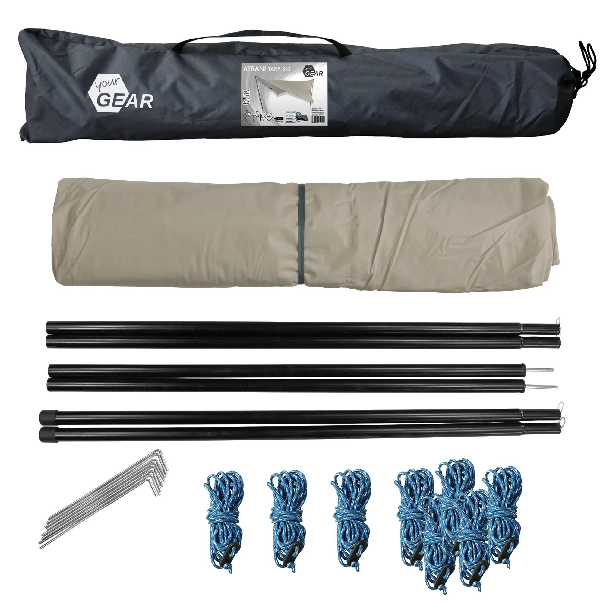 Sonnensegel yourGEAR Atrani 3x3 m beige-grau mit Zubehör: zwei schwarze Aufstellstangen, acht blaue Seile, sechs Heringe und Transporttasche – ideal für Camping, Garten und Festivals, UV-Schutz 50+, wasserdicht.