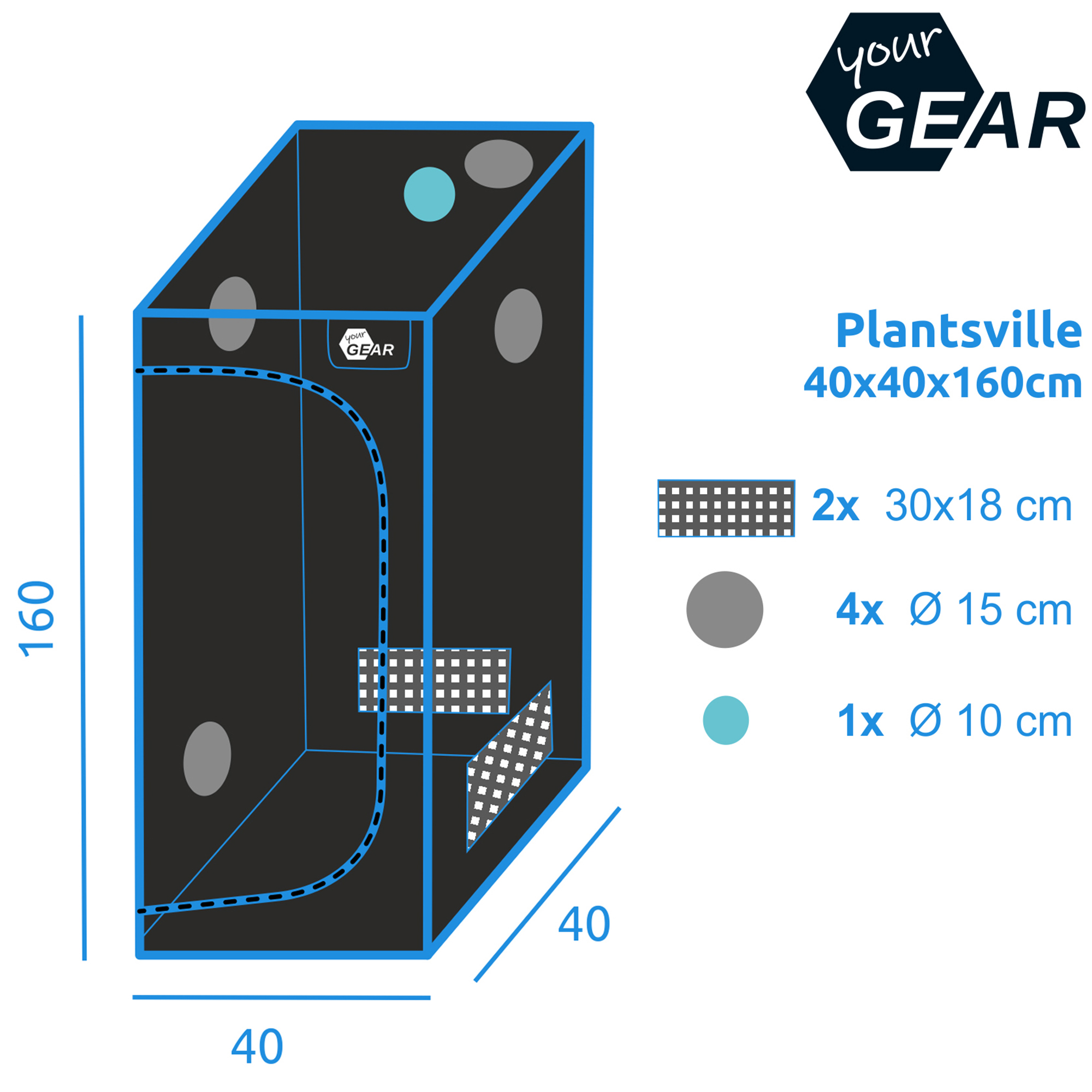 Schwarzes yourGEAR Growzelt Plantsville 40x40x160 cm mit mehreren Belüftungsöffnungen, zwei rechteckigen Netzfenstern, blauen Umrandungen und Herstellerlogo; ideal für Indoor-Pflanzenzucht.