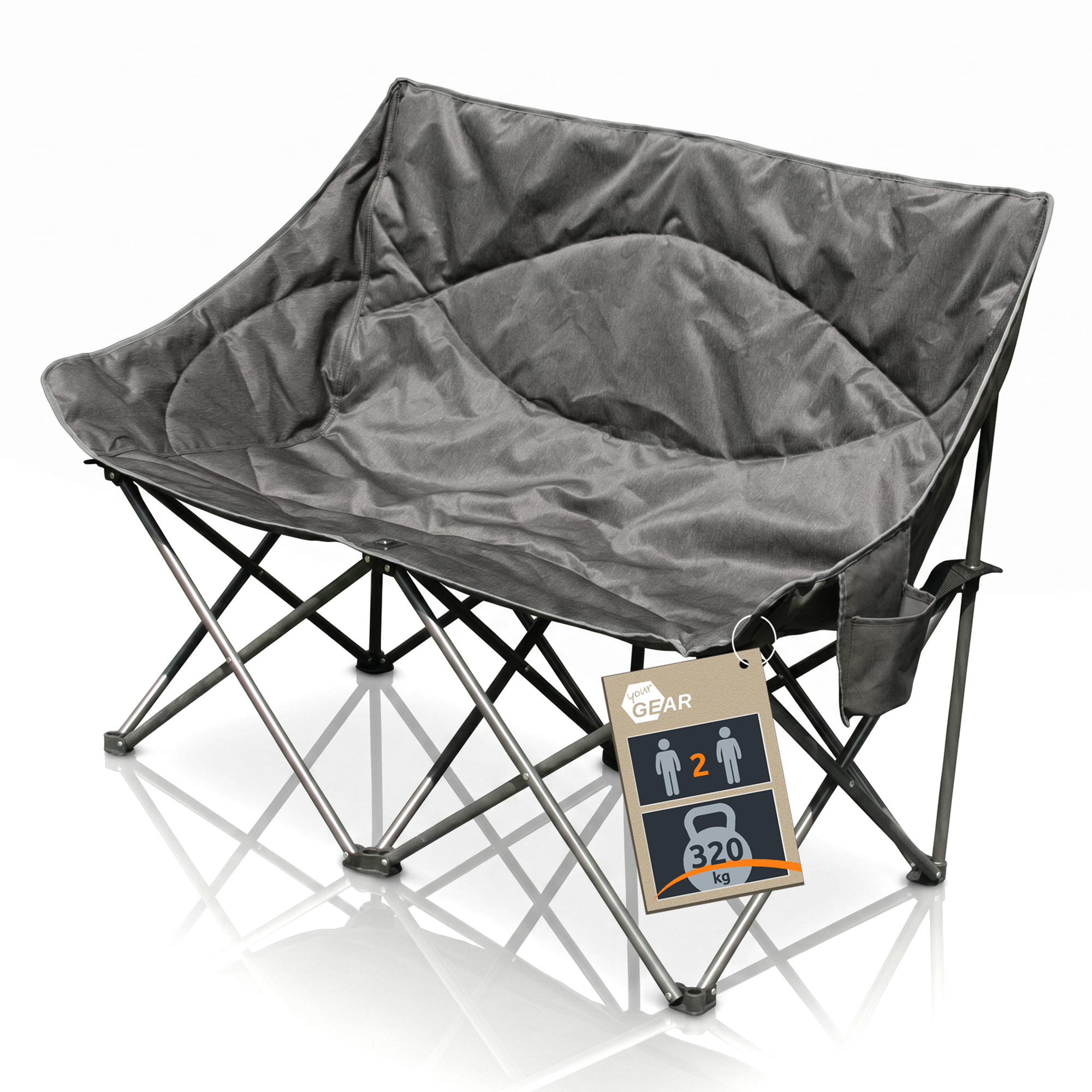 Fauteuil camping XXL your GEAR Modena gris, pliant pour 2 personnes, assise et dossier rembourrés two-tone, armature acier et larges platines au sol, pochette latérale et étiquette indiquant capacité 320 kg.