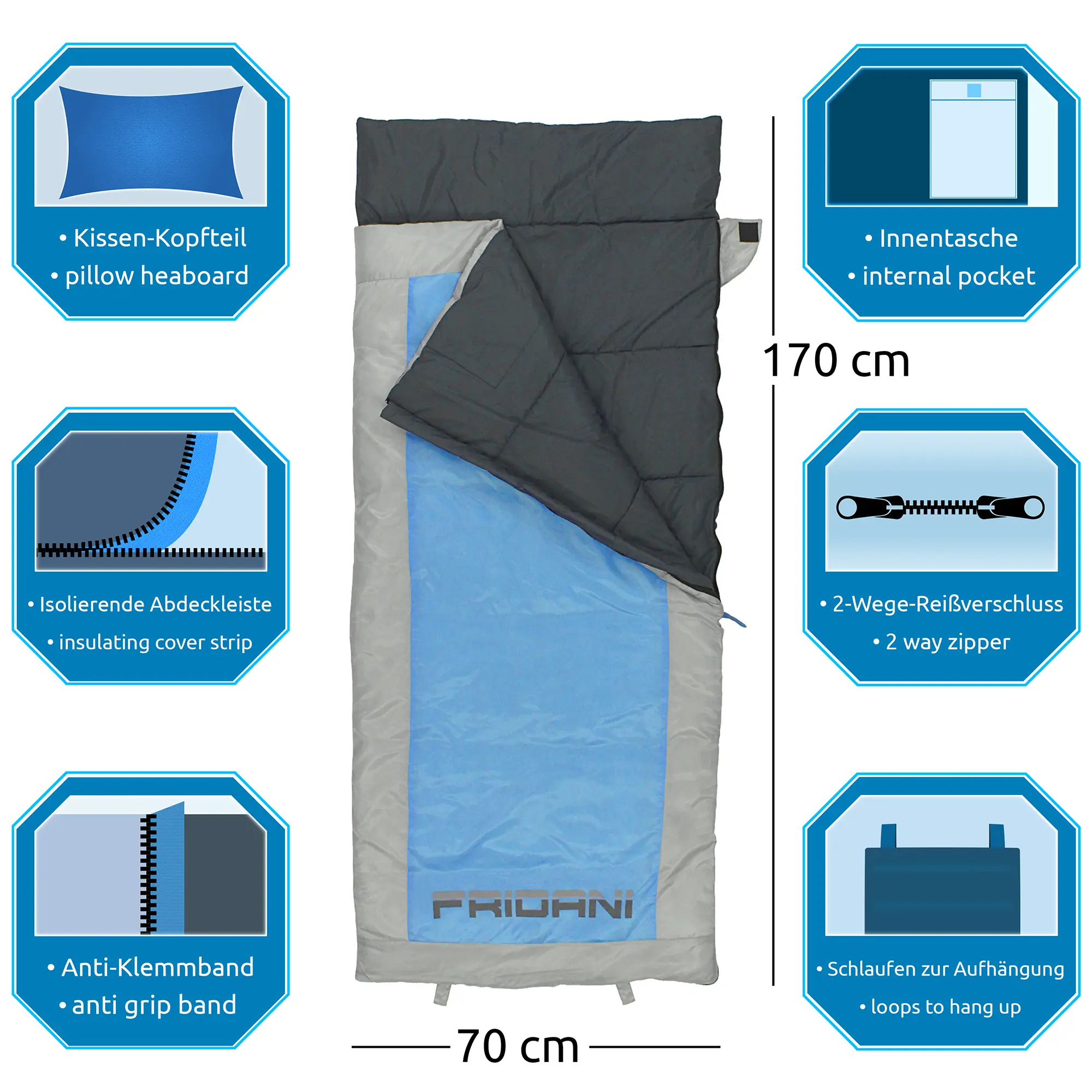 Sacco a pelo rettangolare blu e grigio con dimensioni 170x70 cm, cuscino integrato, tasca interna, doppia cerniera, striscia isolante, fascia anti-incastro e passanti per appenderlo.