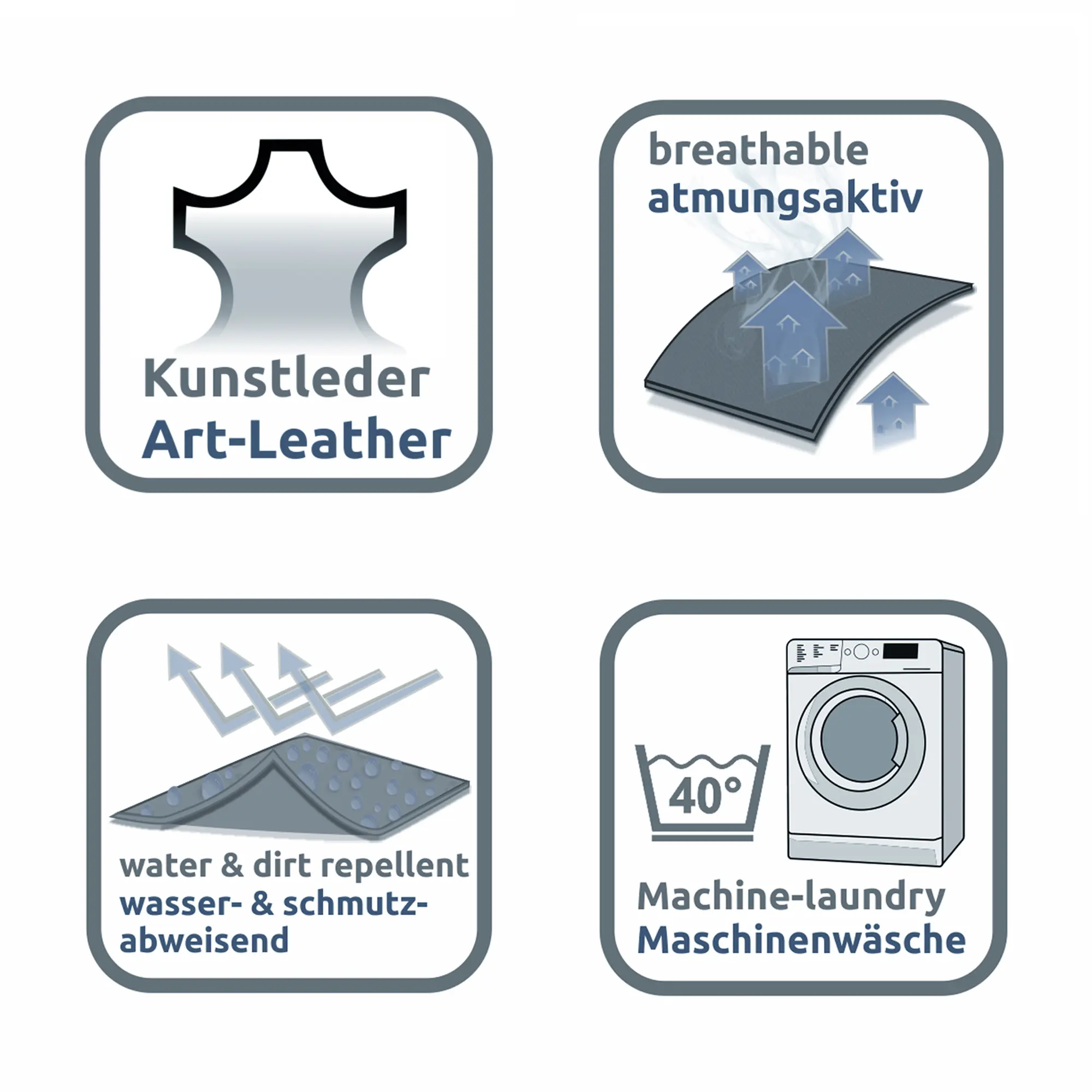 Symbole zeigen: Hundebett aus Kunstleder, atmungsaktiv, wasser- und schmutzabweisend, maschinenwaschbar bis 40 Grad – ideal für hygienische, pflegeleichte und komfortable Hundematten wie das your GEAR Biella.