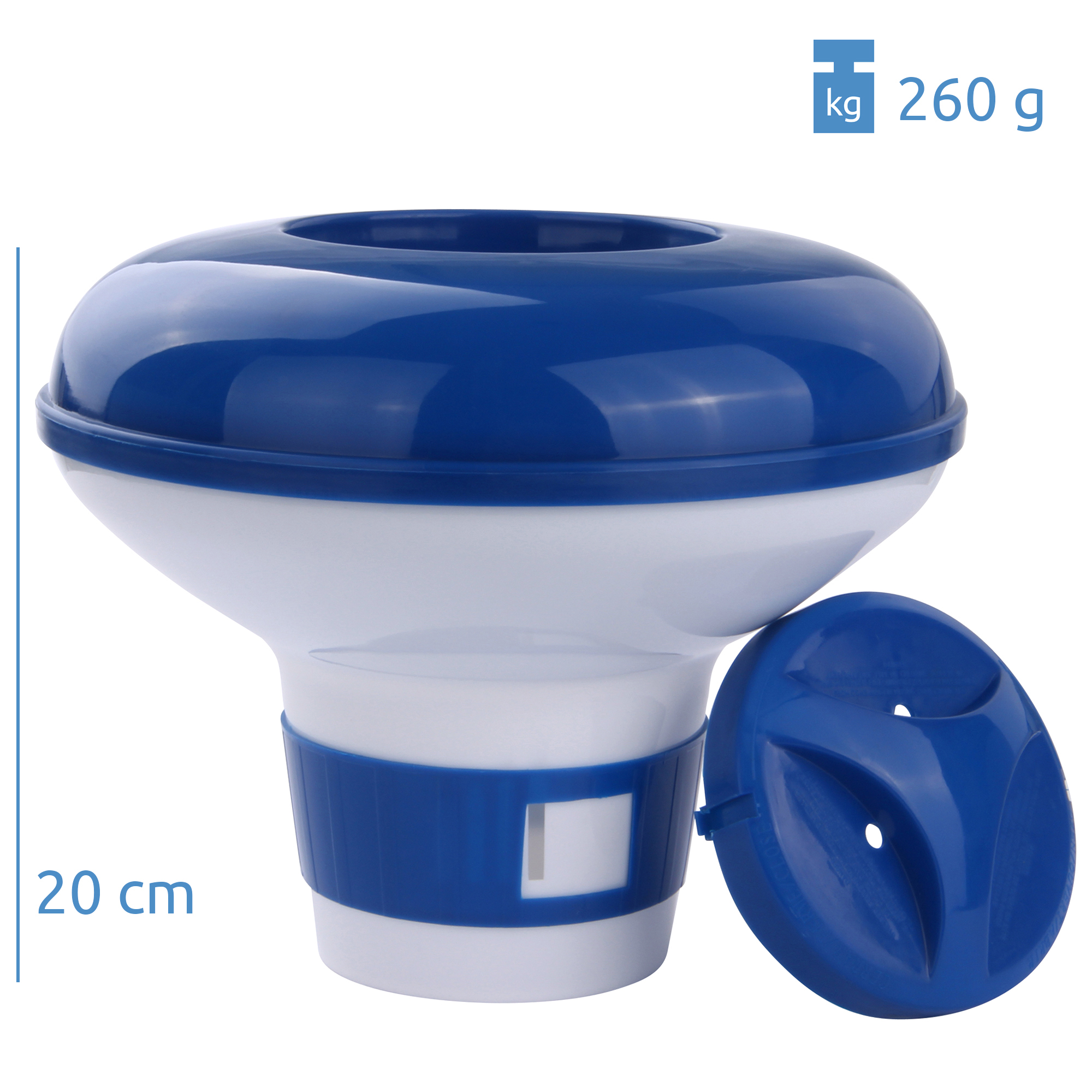 Dosificador de cloro yourGEAR para piscinas, color azul y blanco, diámetro de 20 cm y peso de 260 g, adecuado para tabletas grandes; tapa azul desmontada visible en la imagen. Ideal para mantener el agua limpia.