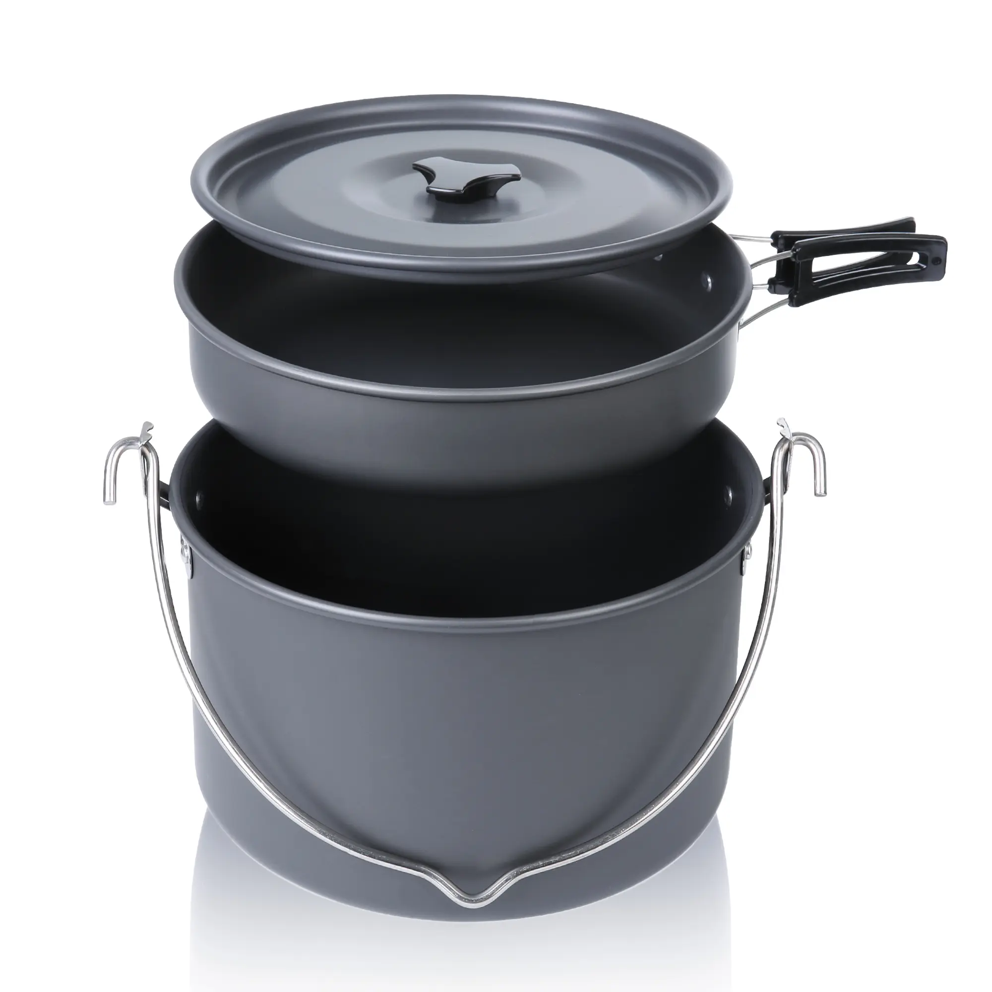 Kochgeschirr-Set your GEAR Ranger Pot & Pan: schwarzer Topf (5 Liter) mit Deckel, Pfanne mit klappbarem Griff, beide aus Metall, ineinander stapelbar, ideal als Ergänzung zum Ranger V Set für Outdoor-Küche.