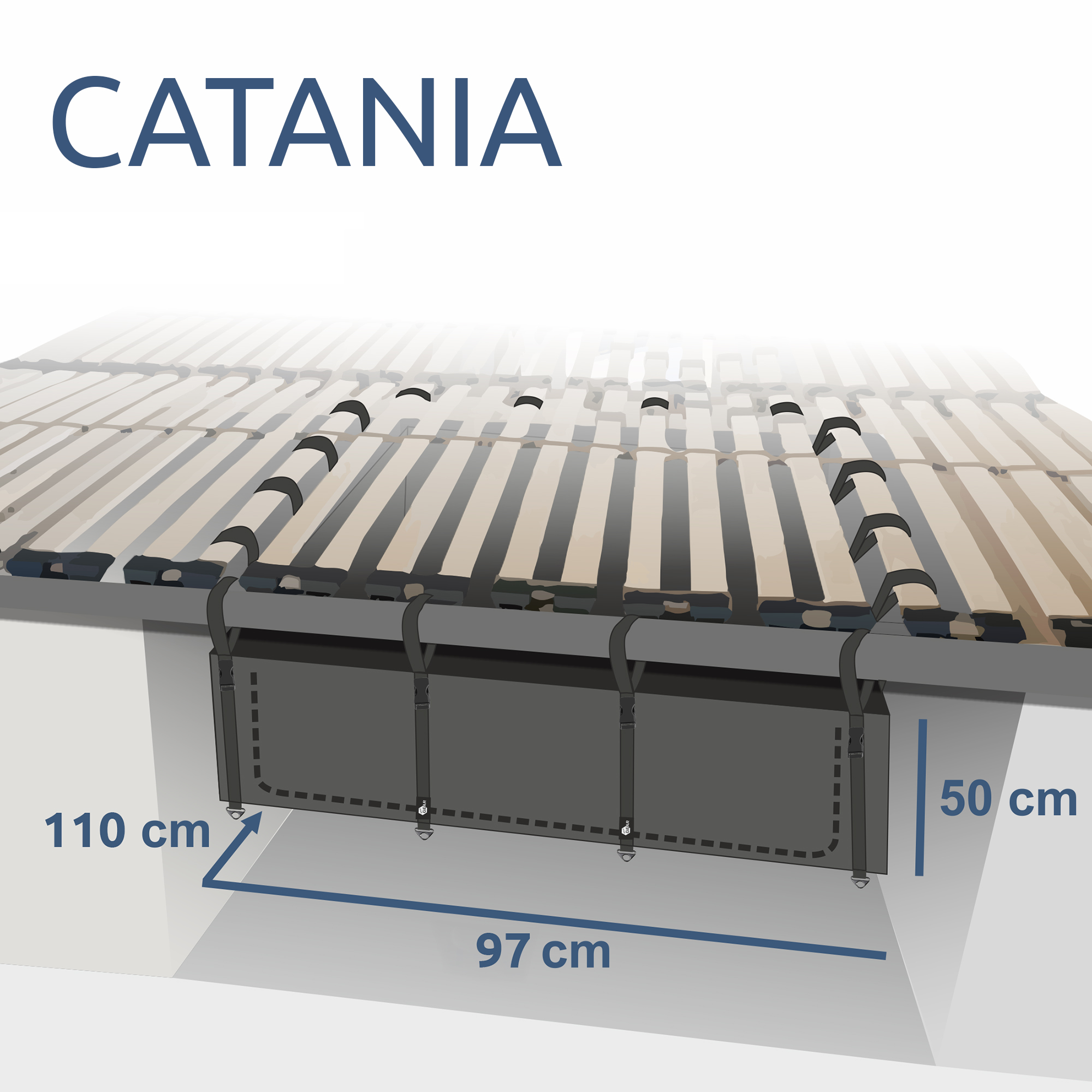 Stauraumtasche your GEAR Catania für Camper-Van Heckgarage, rechteckig, Maße 110x97x50 cm, mit Befestigungsgurten unter dem Bett, ideal zur Organisation von Campingmöbeln und Zubehör im Caravan.