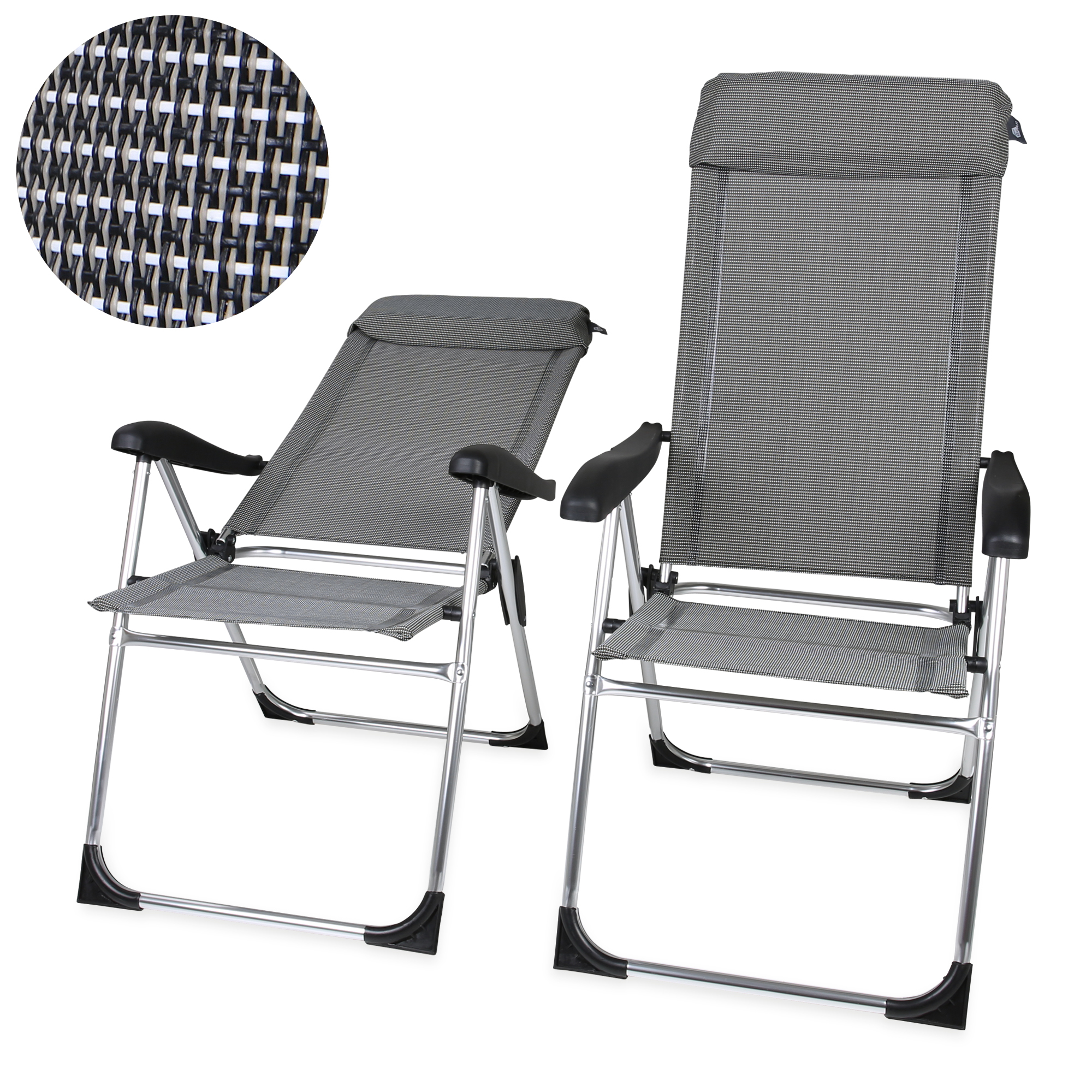 Set of 2 your GEAR Novara high-back aluminium camping chairs, adjustable to 7 positions, with padded headrests and robust, quick-dry, three-tone PVC mesh fabric. Shown with close-up of material texture.