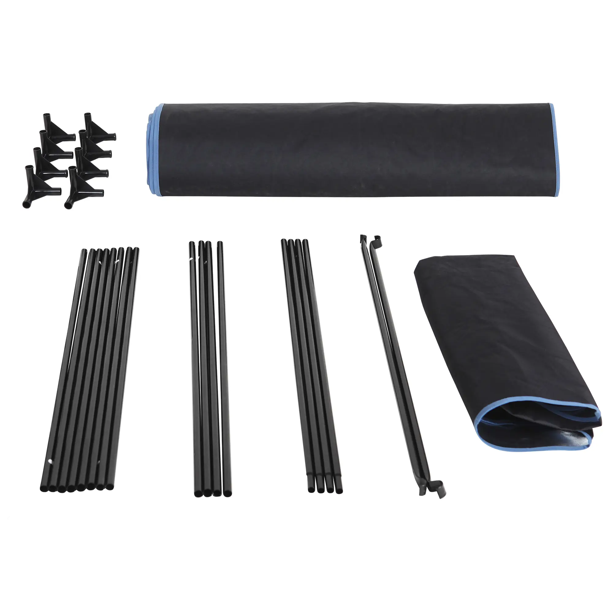 Growzelt Plantsville Bausatz von yourGEAR, bestehend aus schwarzen Metallstangen, Eckverbindern und zwei gefalteten Stoffhüllen, geeignet für Indoor Pflanzenzucht, Maße 100x100x200 cm.