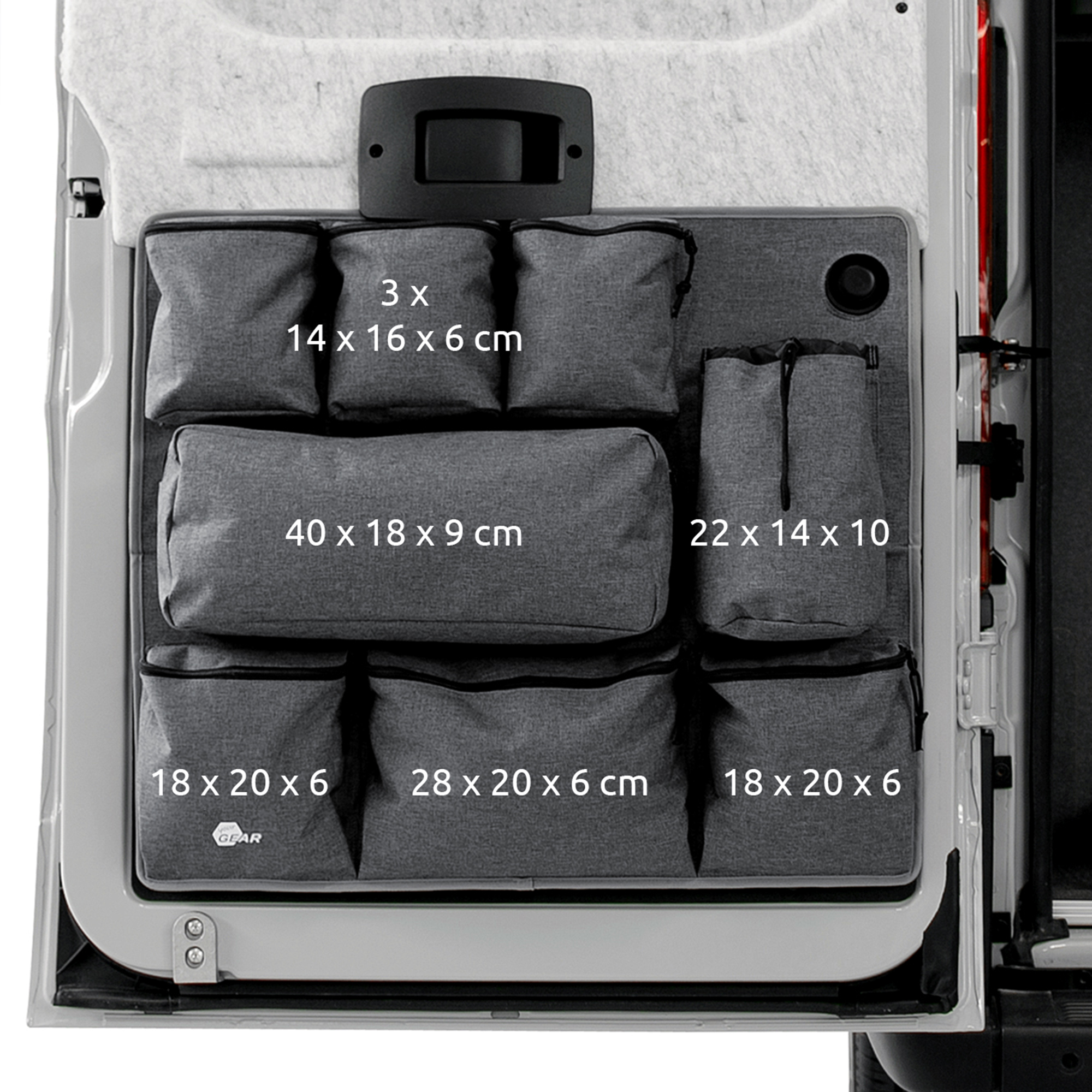 Organisateur your GEAR Ortles L pour porte arrière de camping-car, 8 poches robustes de tailles variées, tissu gris, montage à gauche, idéal pour outils et accessoires, dimensions indiquées sur chaque poche.