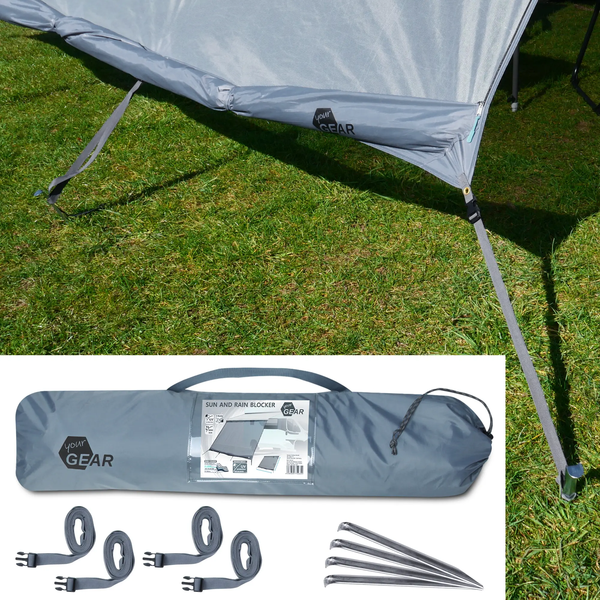 Frontal de toldo your GEAR Sun + Rain Blocker de 4,3 x 2 m, tejido doble gris, incluye bolsa de transporte, correas y piquetas, protección contra sol, viento y lluvia para vehículos, ideal para camping y caravanas.