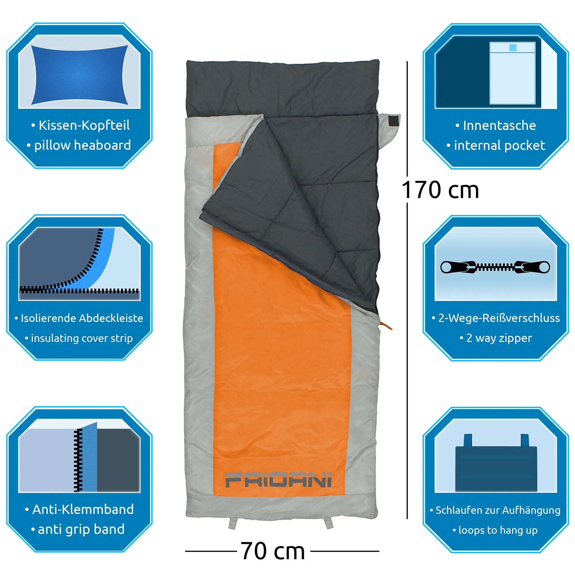 Sacco a pelo arancione e grigio con cuscino integrato, tasca interna, cerniera a due vie, striscia isolante, banda anti-bloccaggio e passanti per appenderlo. Dimensioni: 170x70 cm.