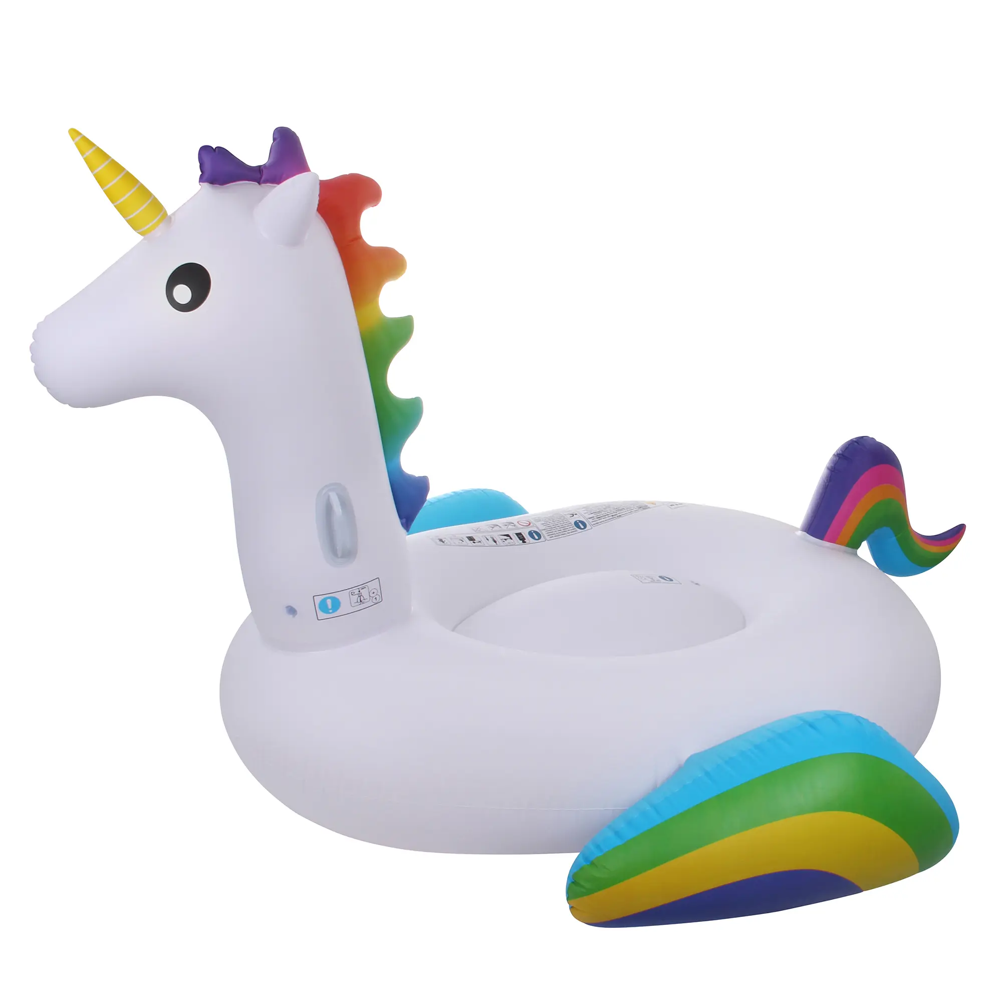 Unicorno gonfiabile XXL per piscina Jilong, bianco con criniera e coda arcobaleno, due maniglie ergonomiche e dettagli colorati, ideale per adulti e bambini, dimensioni 220x160x120 cm.