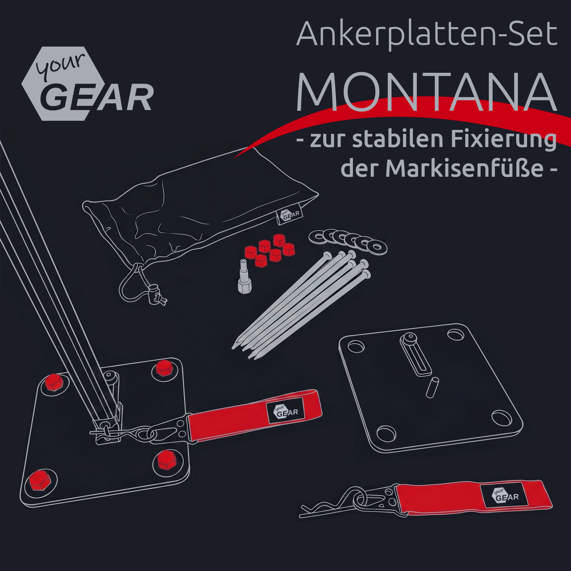 your GEAR Montana anchor plate set for awnings, showing two metal base plates with red bolts, steel pegs, washers, straps with red protective covers and a storage bag — stabilizing fixings for Thule/Dometic/Fiamma awning feet