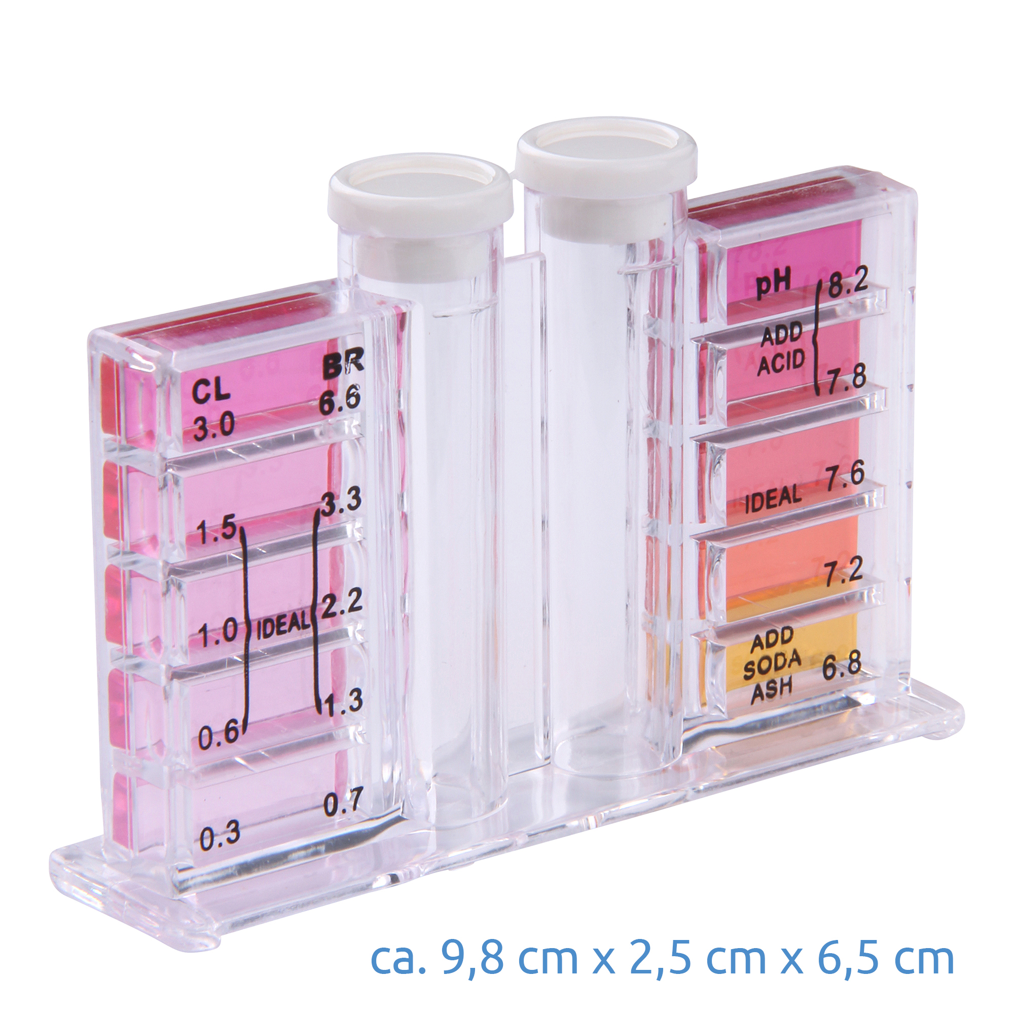 Testeur d’eau Blueborn pour piscine avec deux tubes transparents, échelles colorimétriques pour chlore, brome et pH, marques claires, dimensions 9,8 x 2,5 x 6,5 cm, idéal pour analyser l’eau de piscine.