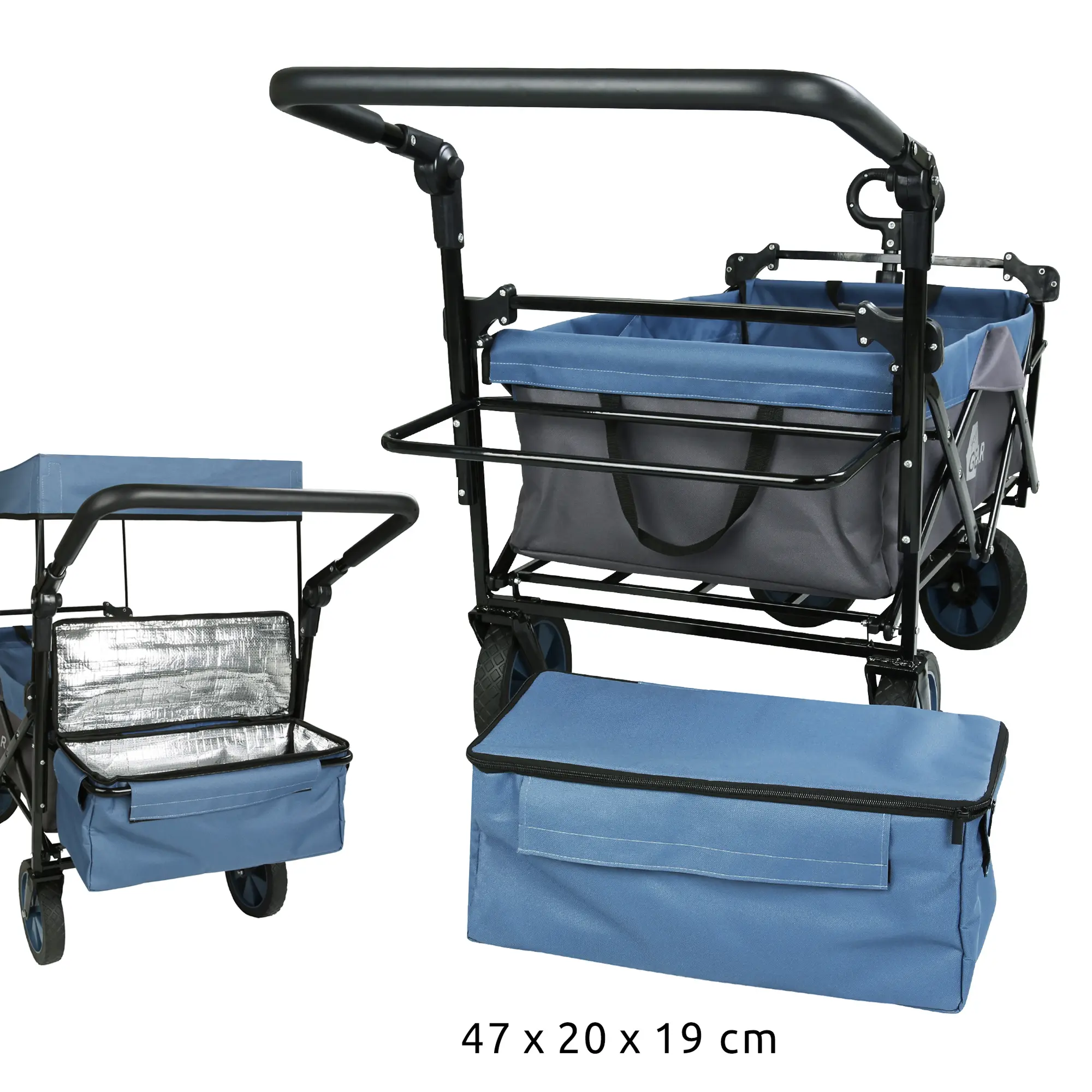Carro plegable your GEAR Cirrus XL azul y gris con estructura negra, ruedas de goma, frenos, techo y bolsa térmica extraíble de 47x20x19 cm, ideal para camping, jardín y actividades al aire libre, capacidad hasta 80 kg.