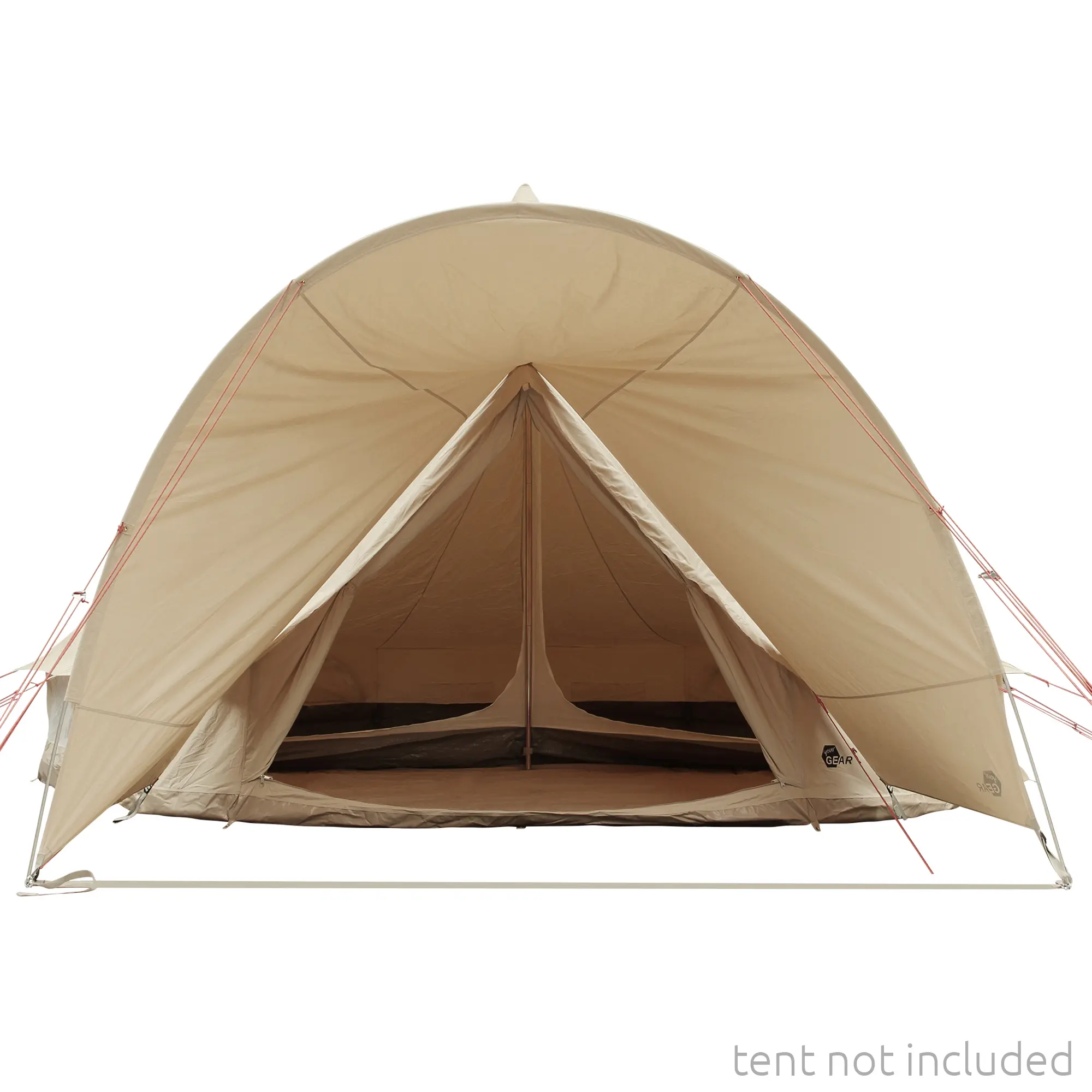 Front view of your GEAR Canopy Porch Desert Pro 8/10, universal awning 300x140x195 cm, beige TC fabric with aluminum poles, set up as a sun canopy; tent not included, shown with guy lines.